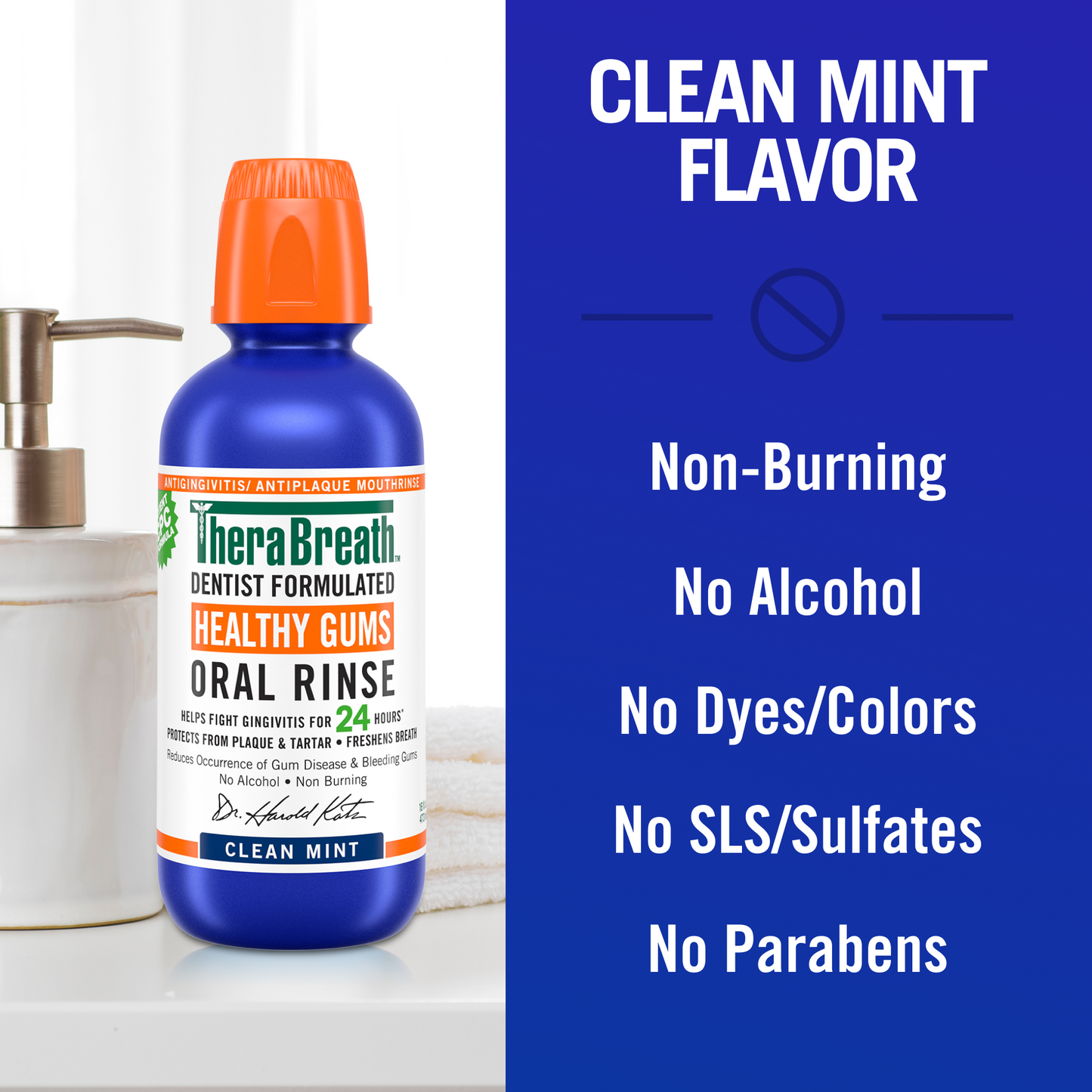 A blue bottle of TheraBreath Healthy Gums Oral Rinse in Clean Mint that is Non-Burning, no Alcohol, no Dyes/Colors, no SLS/Sulfates and no Parabens