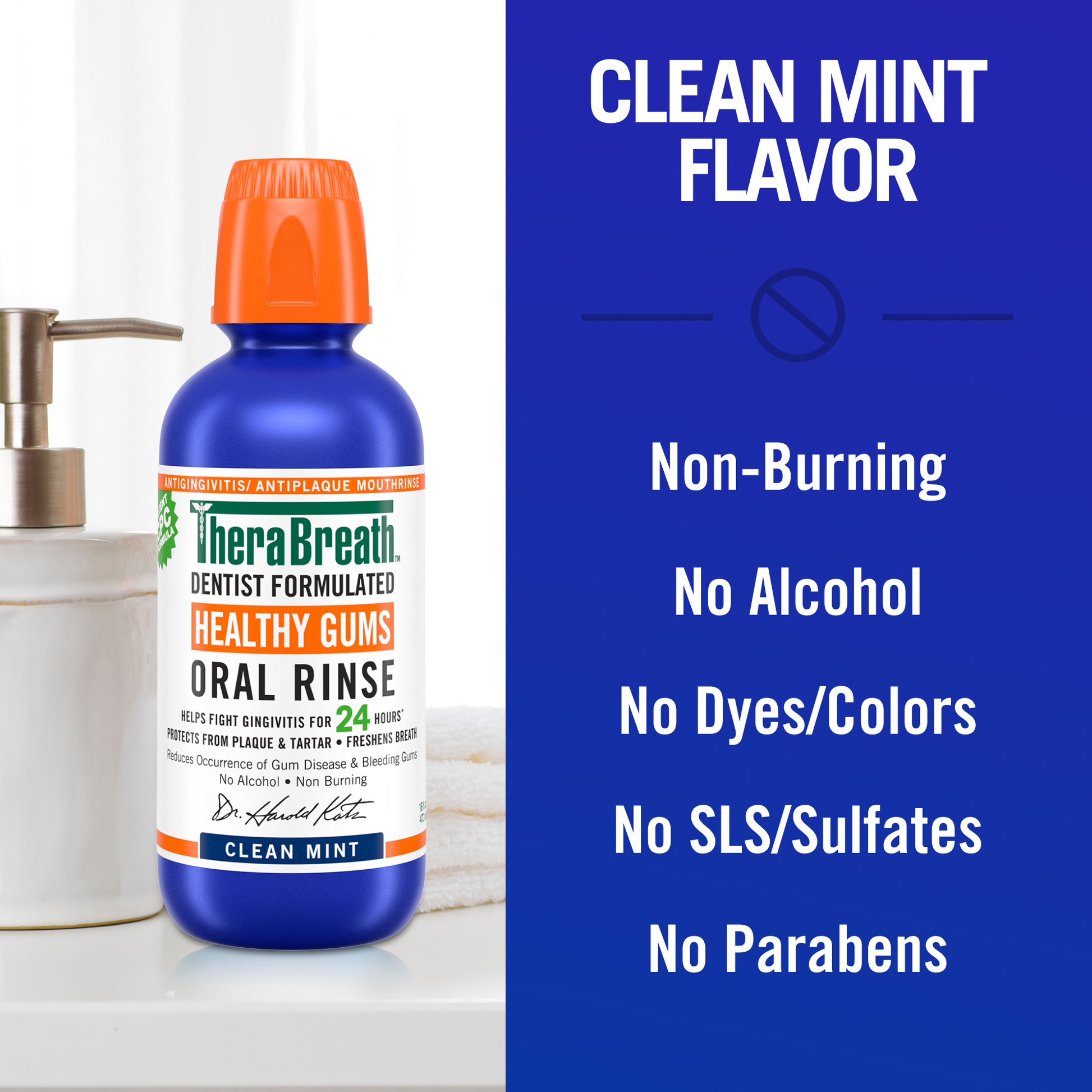 A blue bottle of TheraBreath Healthy Gums Oral Rinse in Clean Mint that is Non-Burning, no Alcohol, no Dyes/Colors, no SLS/Sulfates and no Parabens