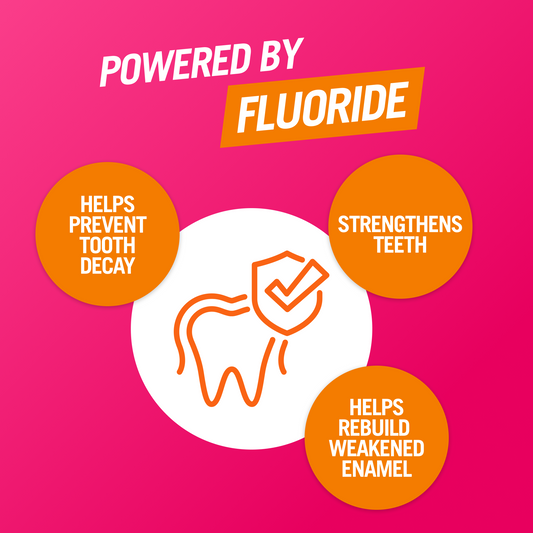 A line art of a tooth with the message around it: Powered by fluoride that helps prevent tooth decay, strengthens teeth, and helps rebuild weakened enamel
