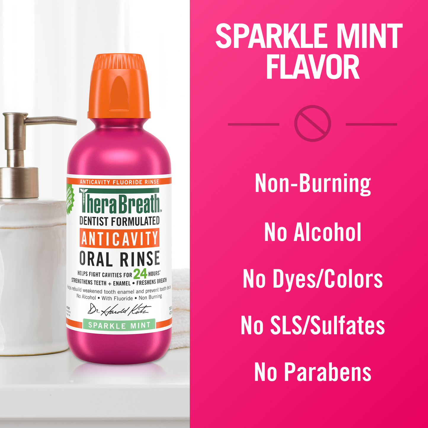 Hot Pink bottle of TheraBreath Anticavity Oral Rinse in Sparkle Mint that is Non-Burning, no Alcohol, no Dyes/Colors, no SLS/Sulfates and no Parabens