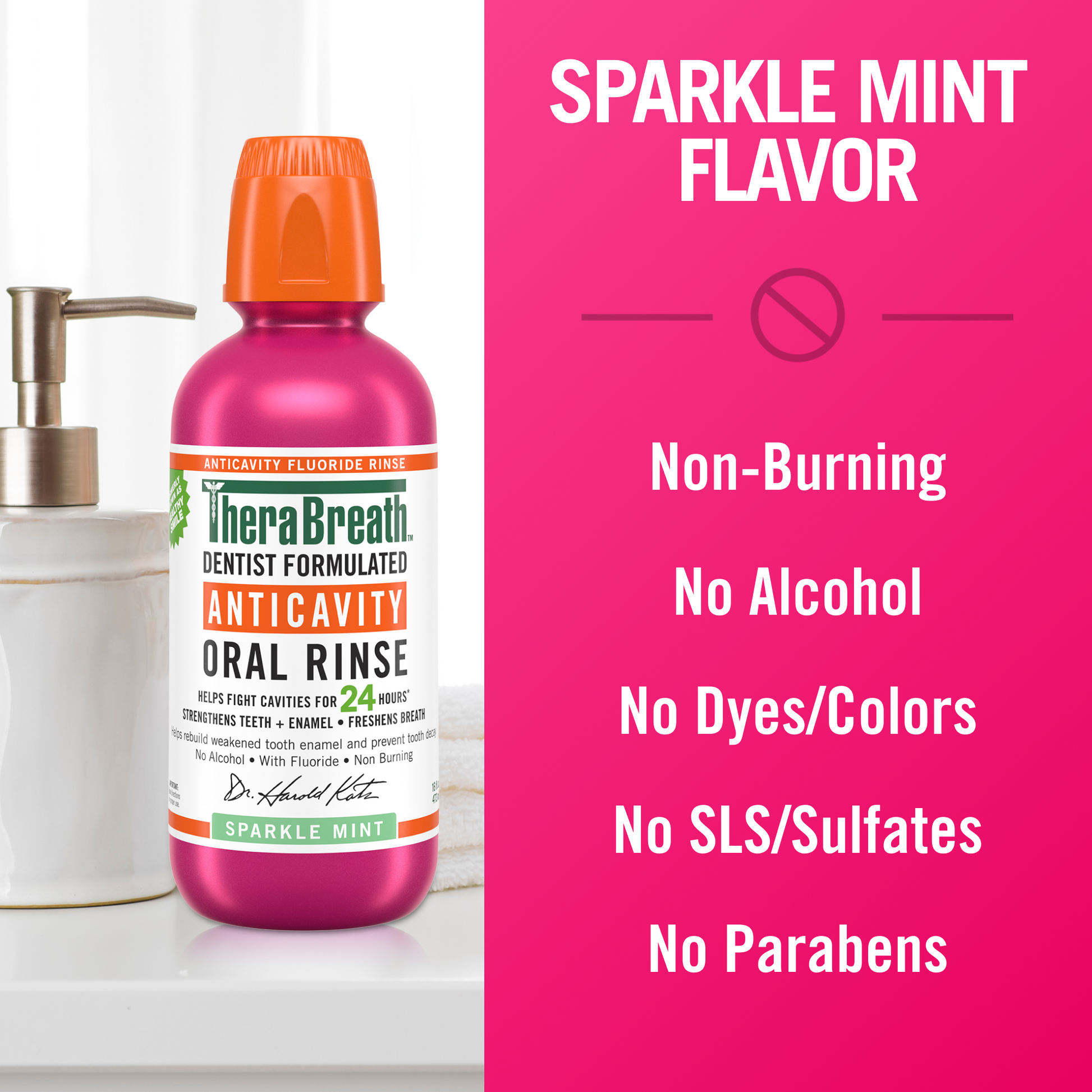Hot Pink bottle of TheraBreath Anticavity Oral Rinse in Sparkle Mint that is Non-Burning, no Alcohol, no Dyes/Colors, no SLS/Sulfates and no Parabens