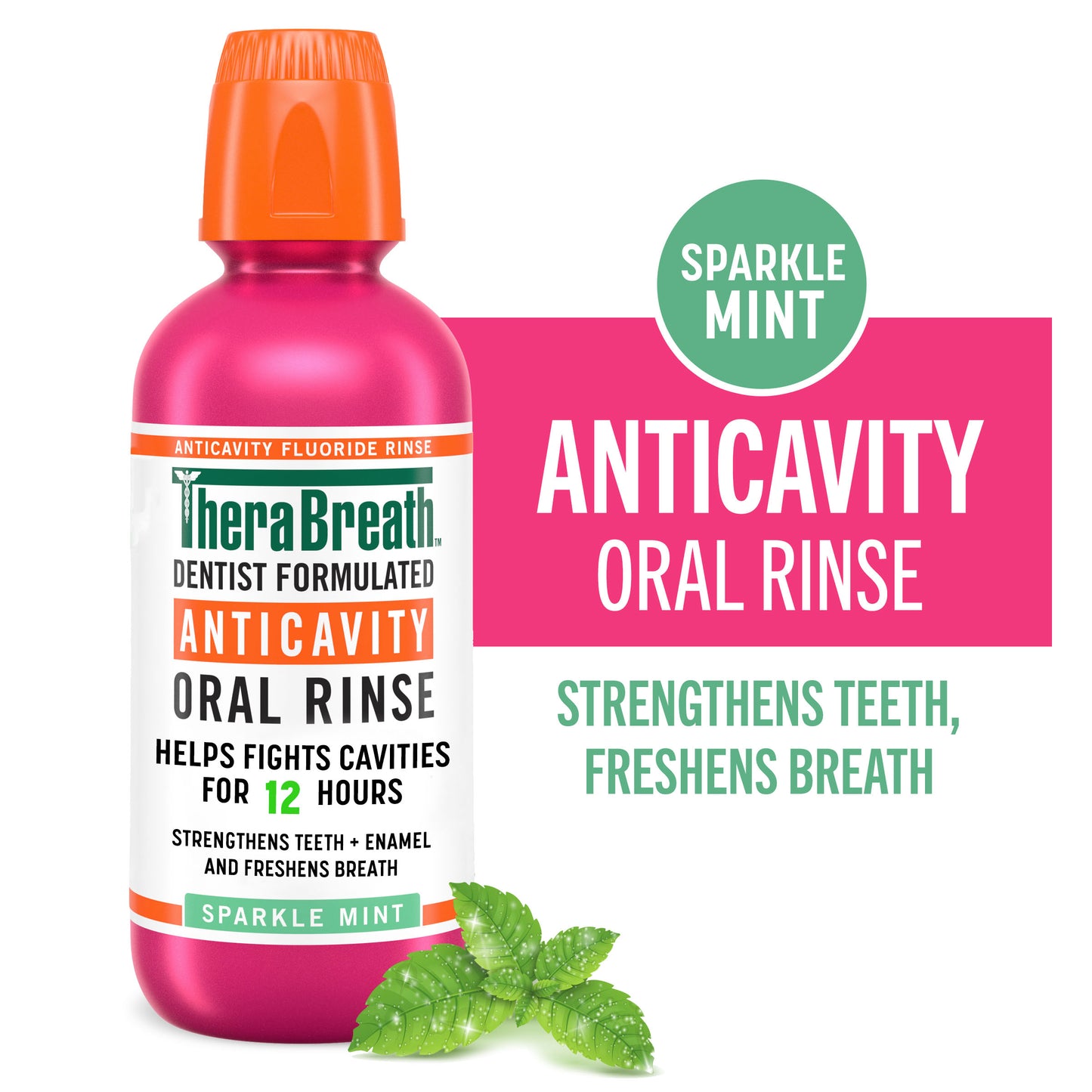 Pink bottle of TheraBreath anticavity oral rinse in sparkle mint flavor, strengthens teeth, freshens breath.