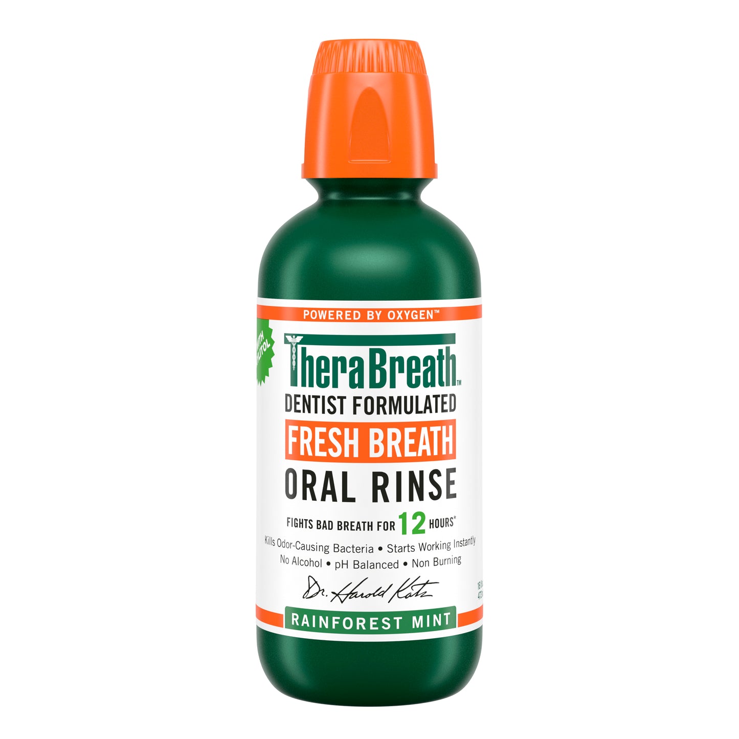 Green bottle of TheraBreath Fresh Breath Oral Rinse in Rainforest Mint