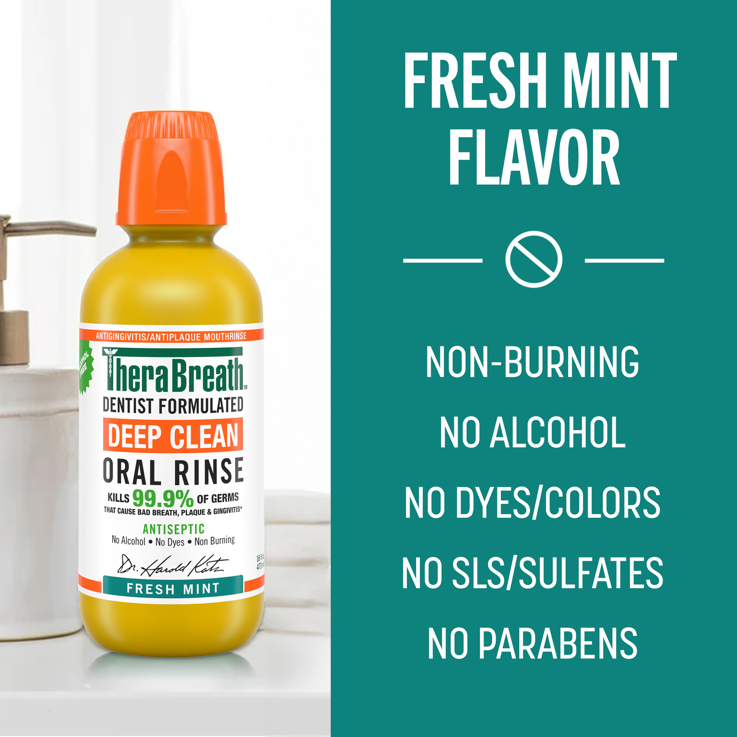 Yellow bottle of TheraBreath Deep Clean Oral Rinse in Fresh Mint that is Non-Burning, no Alcohol, no Dyes/Colors, no SLS/Sulfates and no Parabens