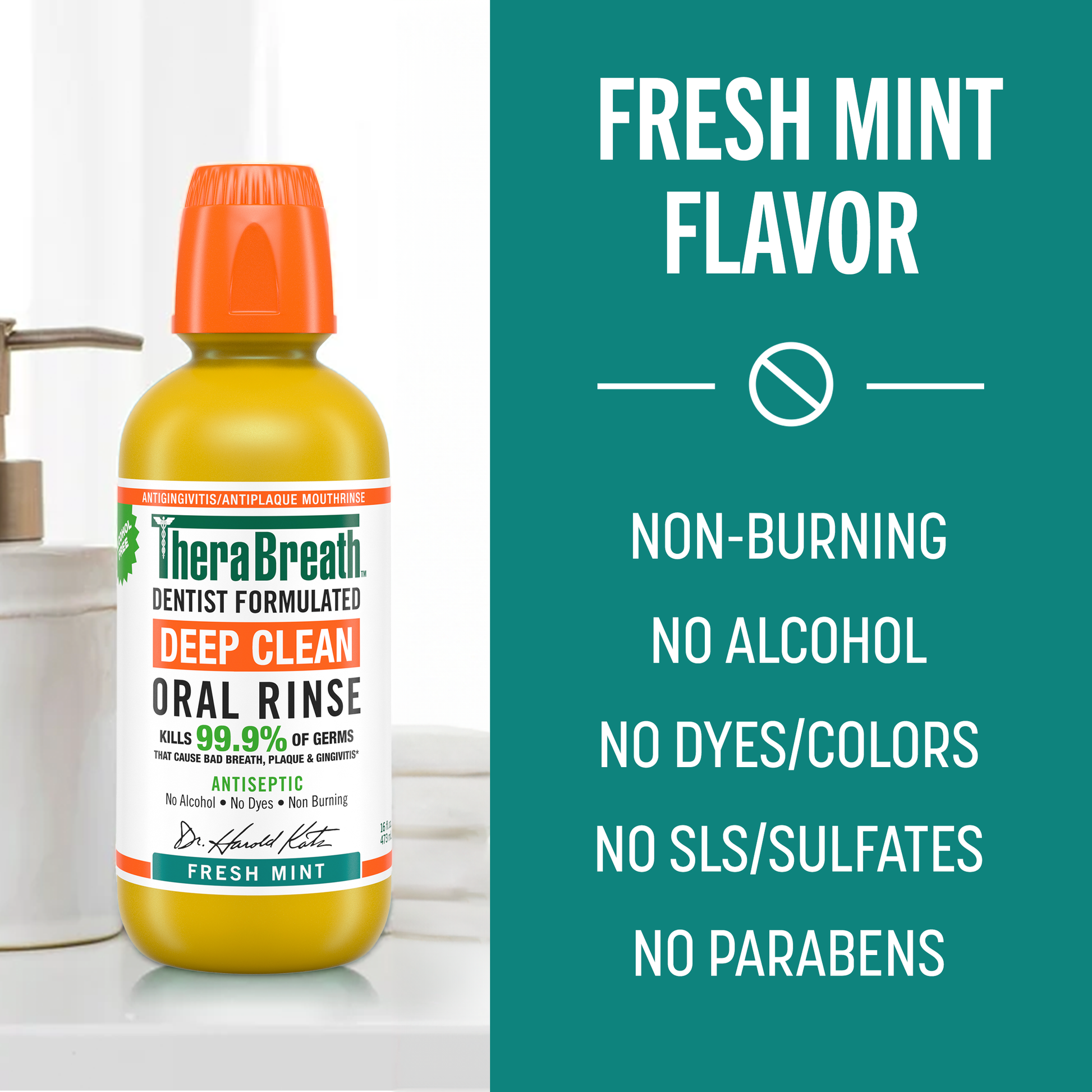 Yellow bottle of TheraBreath Deep Clean Oral Rinse in Fresh Mint that is Non-Burning, no Alcohol, no Dyes/Colors, no SLS/Sulfates and no Parabens