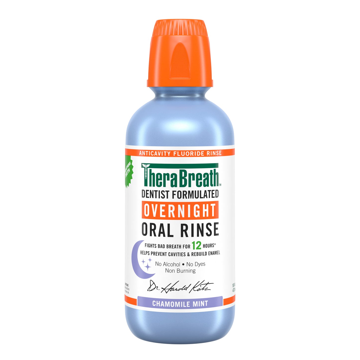 Silver bottle of TheraBreath Overnight Oral Rinse in Chamomile Mint