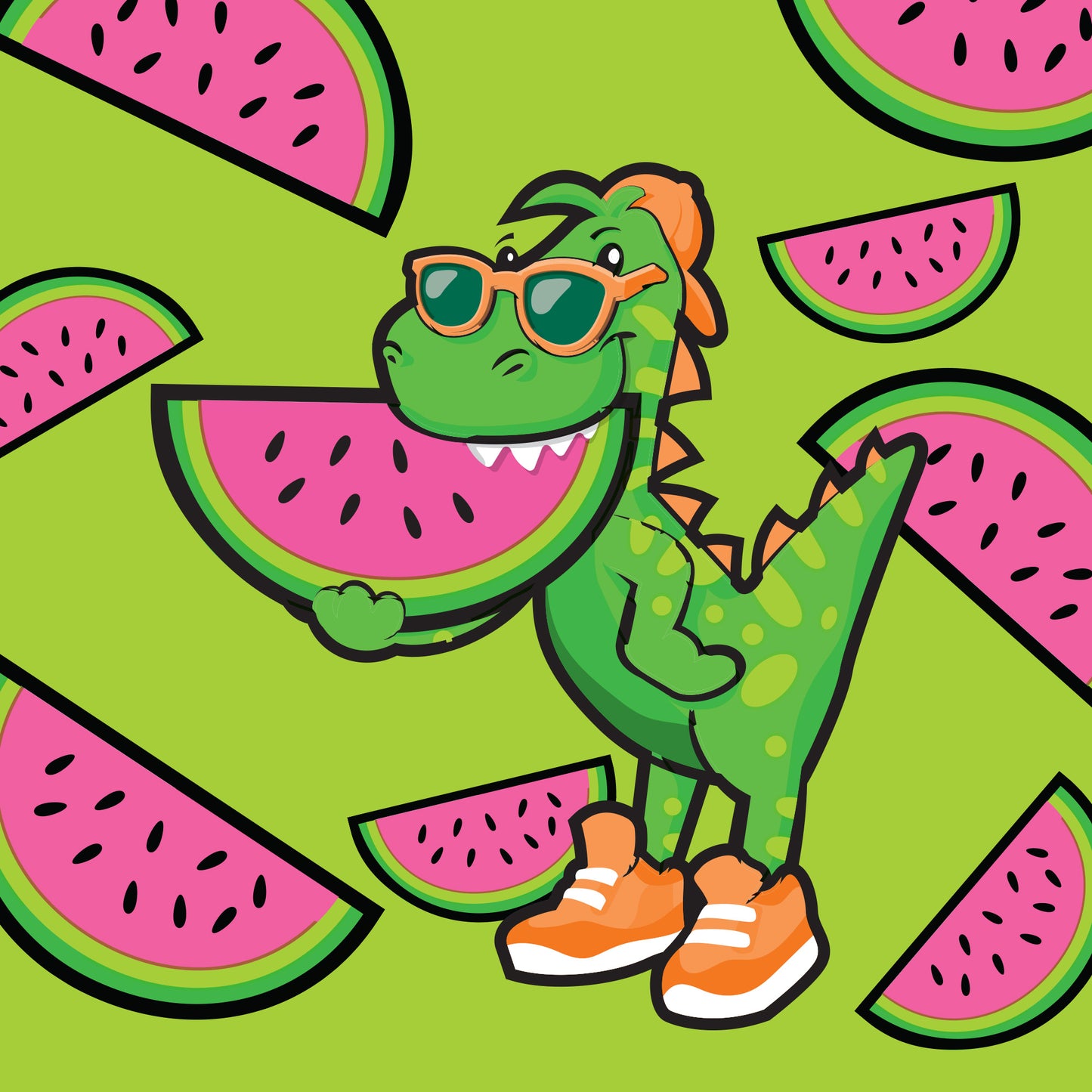 Illustrations of bright watermelons with a t-rex wearing tennis shoes, sunglasses and a backwards baseball cap