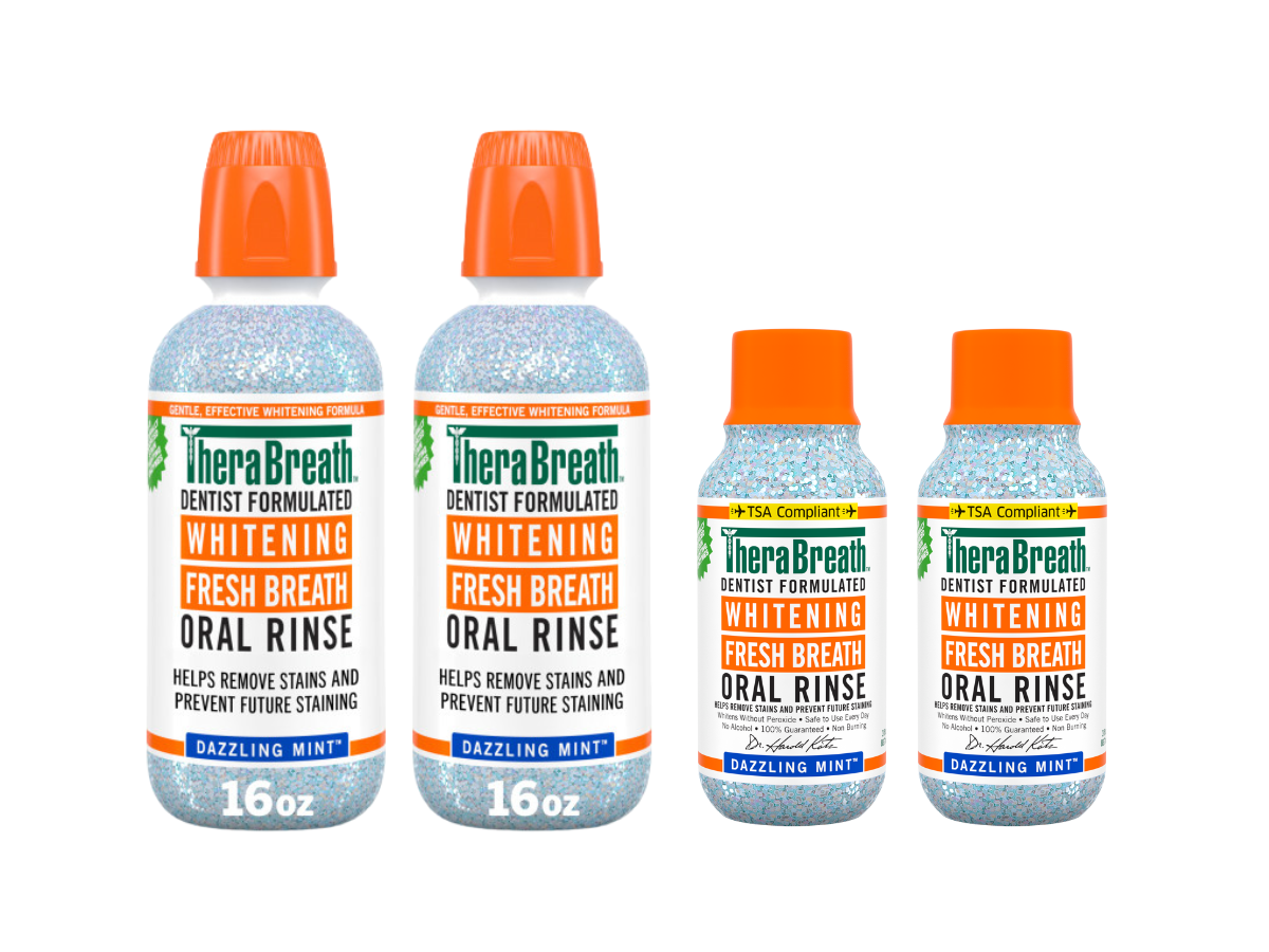 TheraBreath whitening fresh breath Oral Rinse in dazzling Mint flavor available in various size bottles.