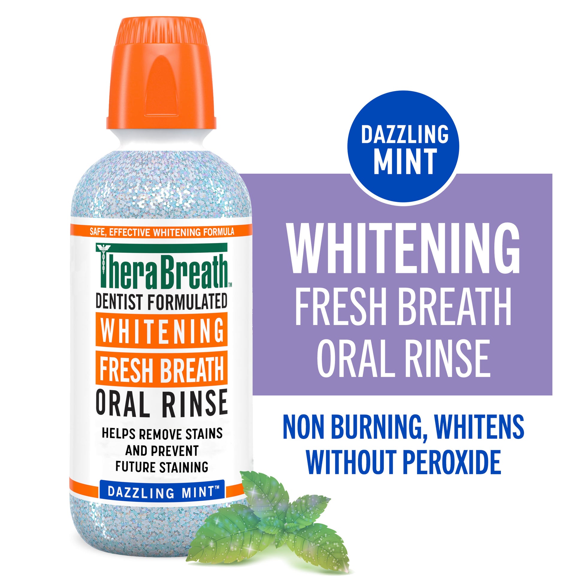 TheraBreath whitening fresh breath oral rinse in dazzling mint flavor that is non-burning, whitens without peroxide.