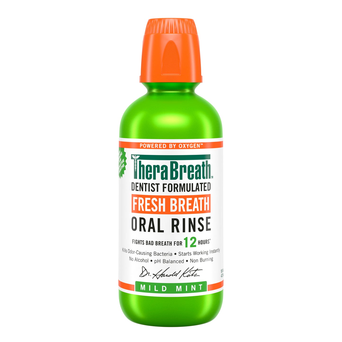 A lime green bottle of TheraBreath Fresh Breath Oral Rinse Mild Mint