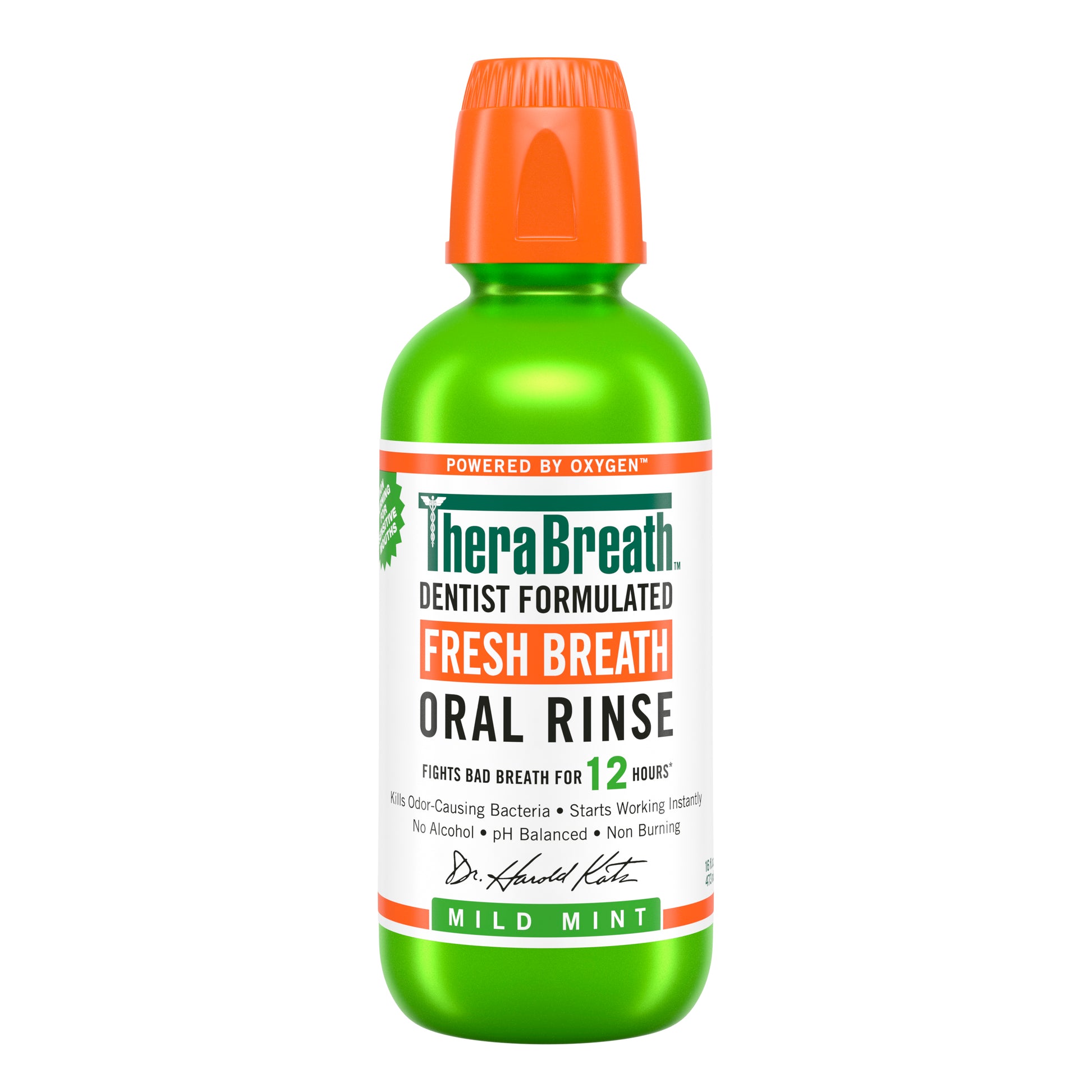 A lime green bottle of TheraBreath Fresh Breath Oral Rinse Mild Mint
