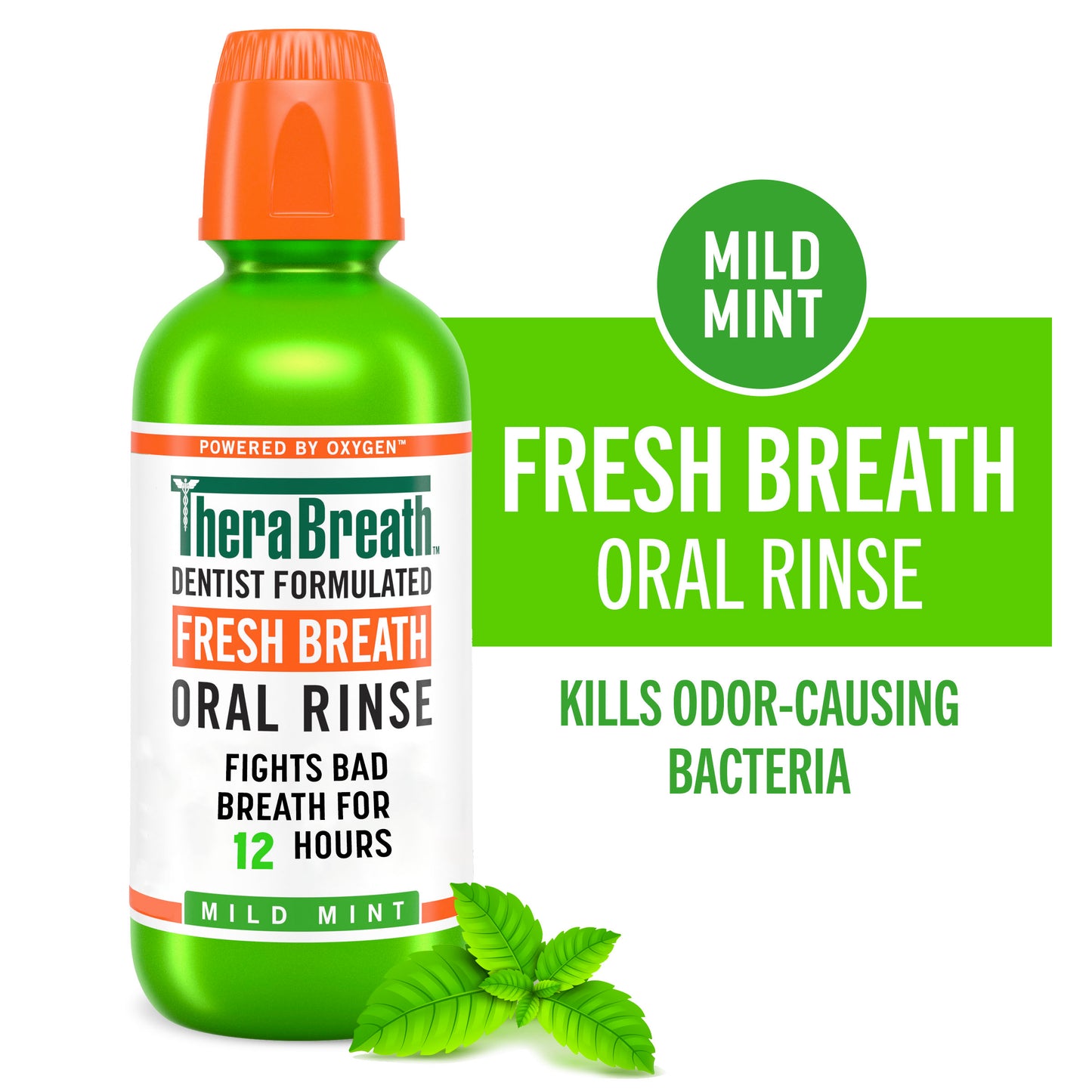 A lime green bottle of TheraBreath Fresh Breath Oral Rinse Mild Mint that kills odor-causing bacteria