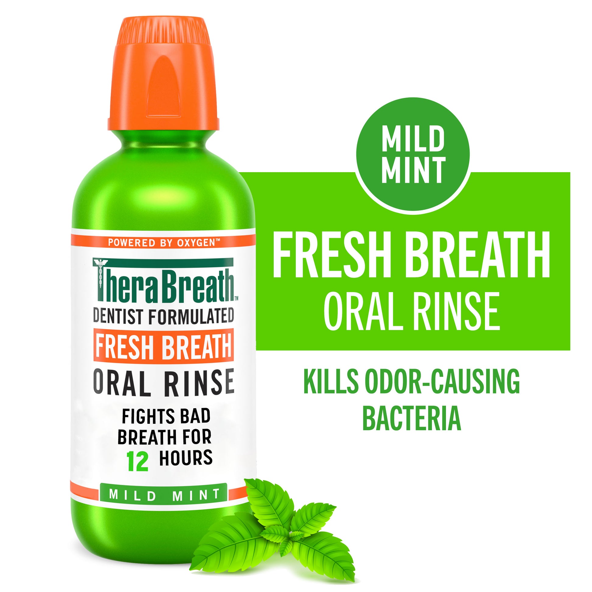 A lime green bottle of TheraBreath Fresh Breath Oral Rinse Mild Mint that kills odor-causing bacteria