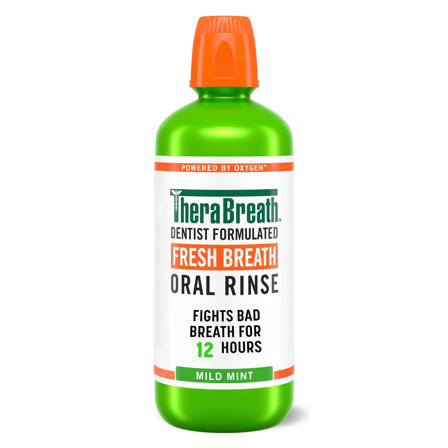 A lime green bottle of TheraBreath Fresh Breath Oral Rinse Mild Mint that kills odor-causing bacteria