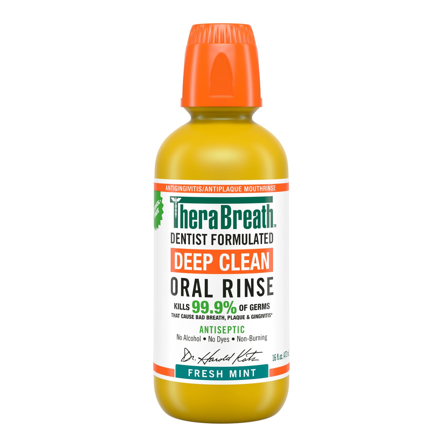 Yellow bottle of TheraBreath Deep Clean Oral Rinse in Fresh Mint on a white background