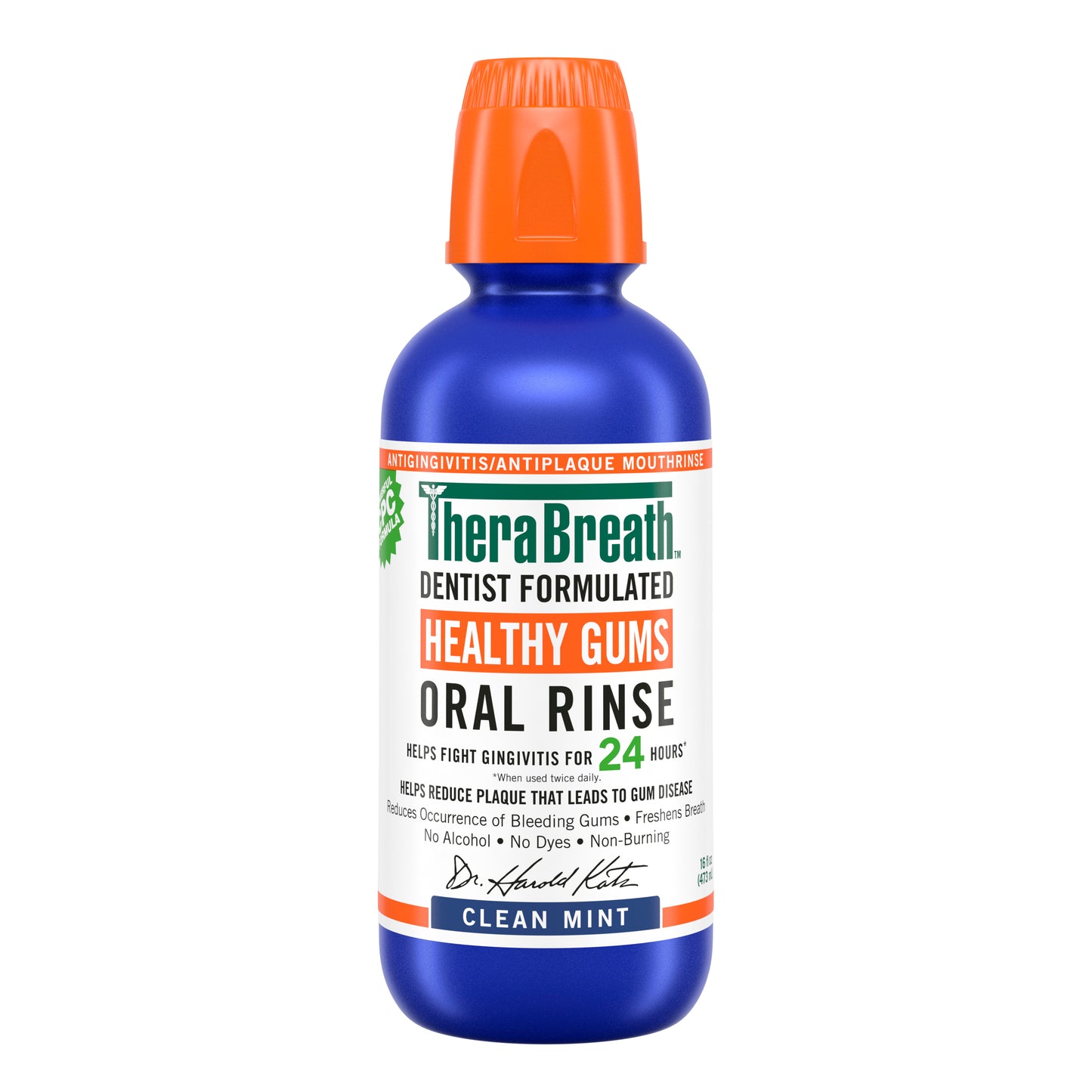 A blue bottle of TheraBreath Healthy Gums Oral Rinse in Clean Mint on a white background