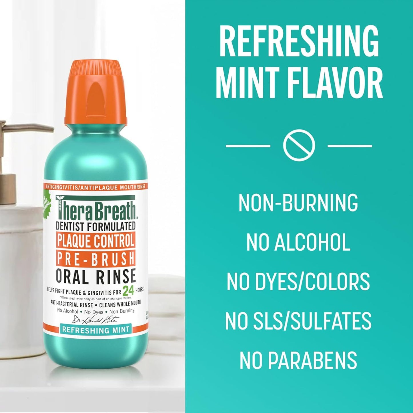 A teal bottle of TheraBreath Plaque Control Pre-Brush Oral Rinse in Refreshing Mint that is Non-Burning, no Alcohol, no Dyes/Colors, no SLS/Sulfates and no Parabens
