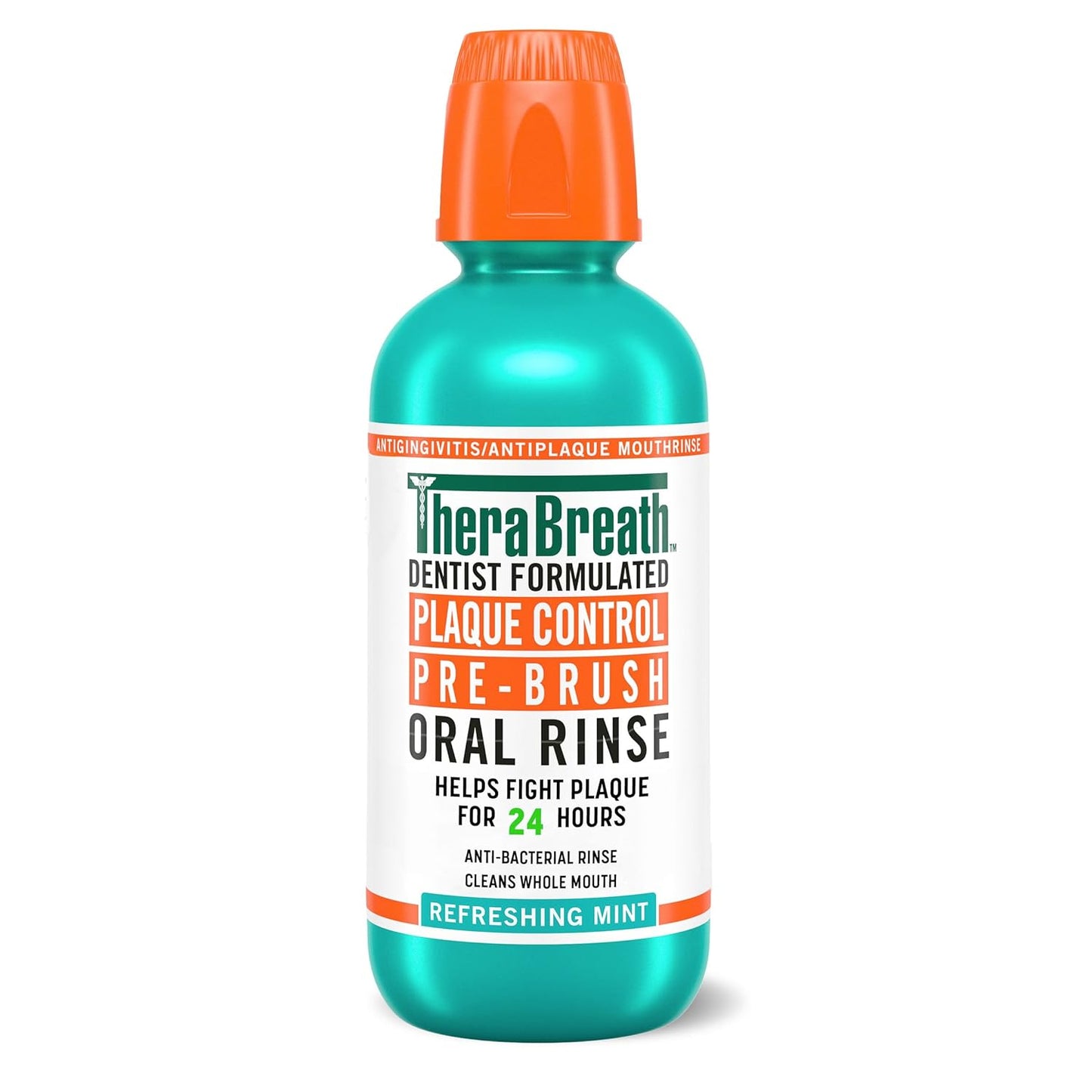 A teal bottle of TheraBreath Plaque Control Pre-Brush Oral Rinse in Refreshing Mint on a white background