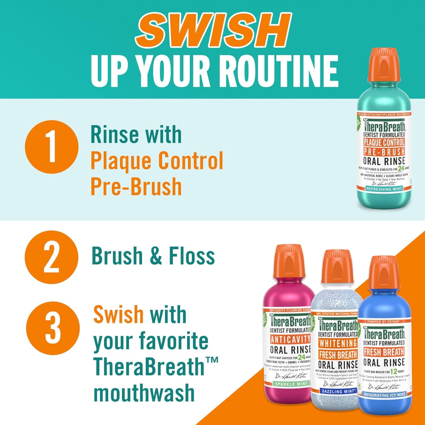 Swish up your routine: 1. Rinse with TheraBreath Plaque Control Pre-Brush. 2. Brush and Floss. 3. Swish with your favorite TheraBreath mouthwash