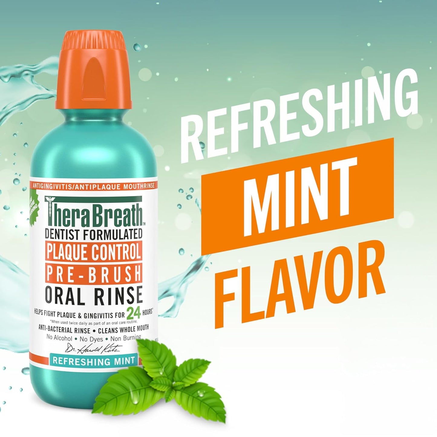 A teal bottle of TheraBreath Plaque Control Pre-Brush Oral Rinse in Refreshing Mint with a splash of cool blue water in the background