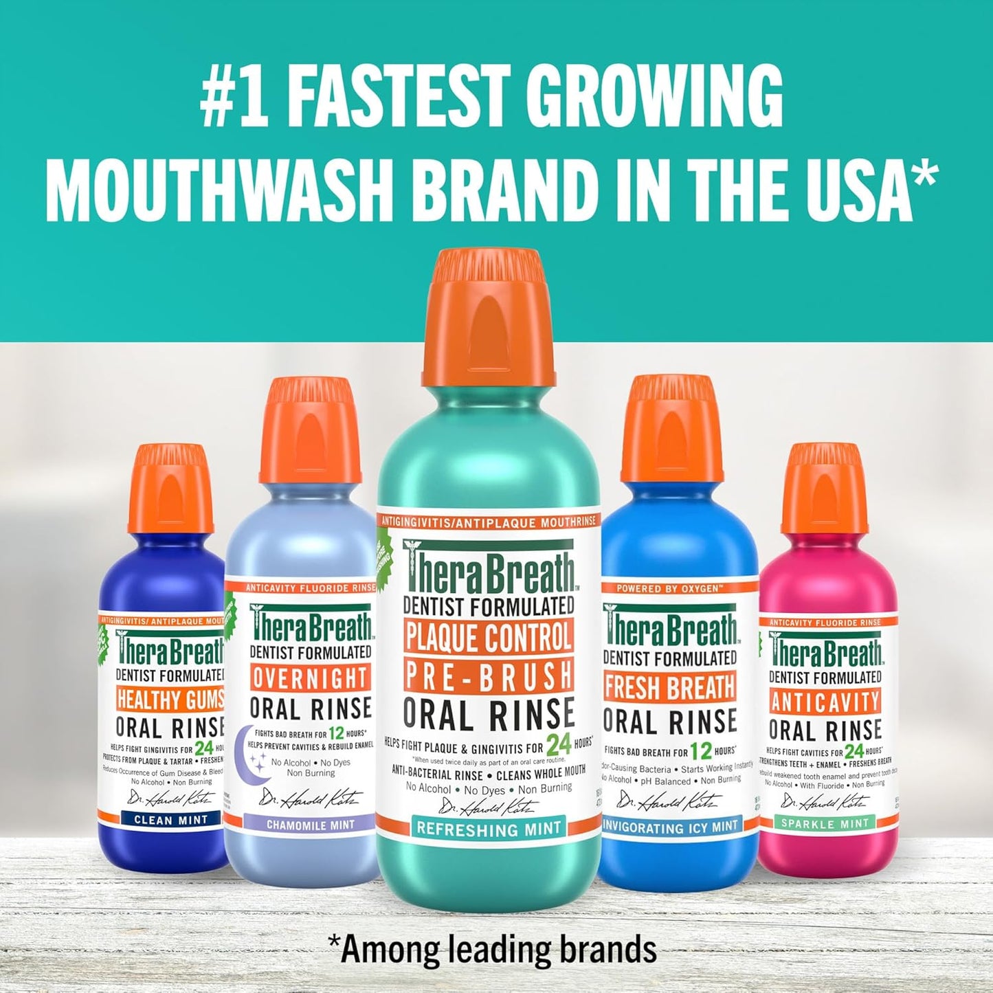 "#1 fastest growing mouthwash brand in the USA*" is stated above 5 bottles of TheraBreath Oral Rinse. At the bottom is stated "*Among leading brands"