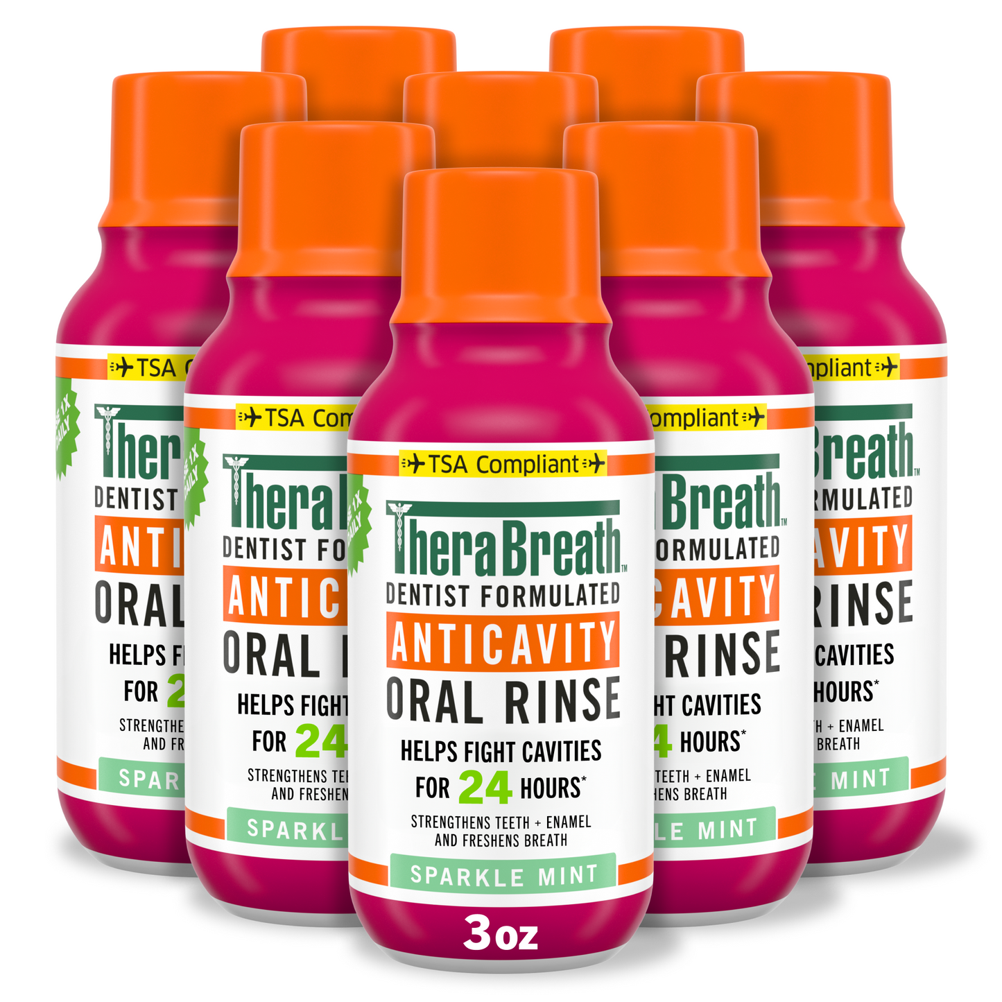 TheraBreath anticavity Oral Rinse, sparkle Mint Flavor, Travel-Size 8-Pack.