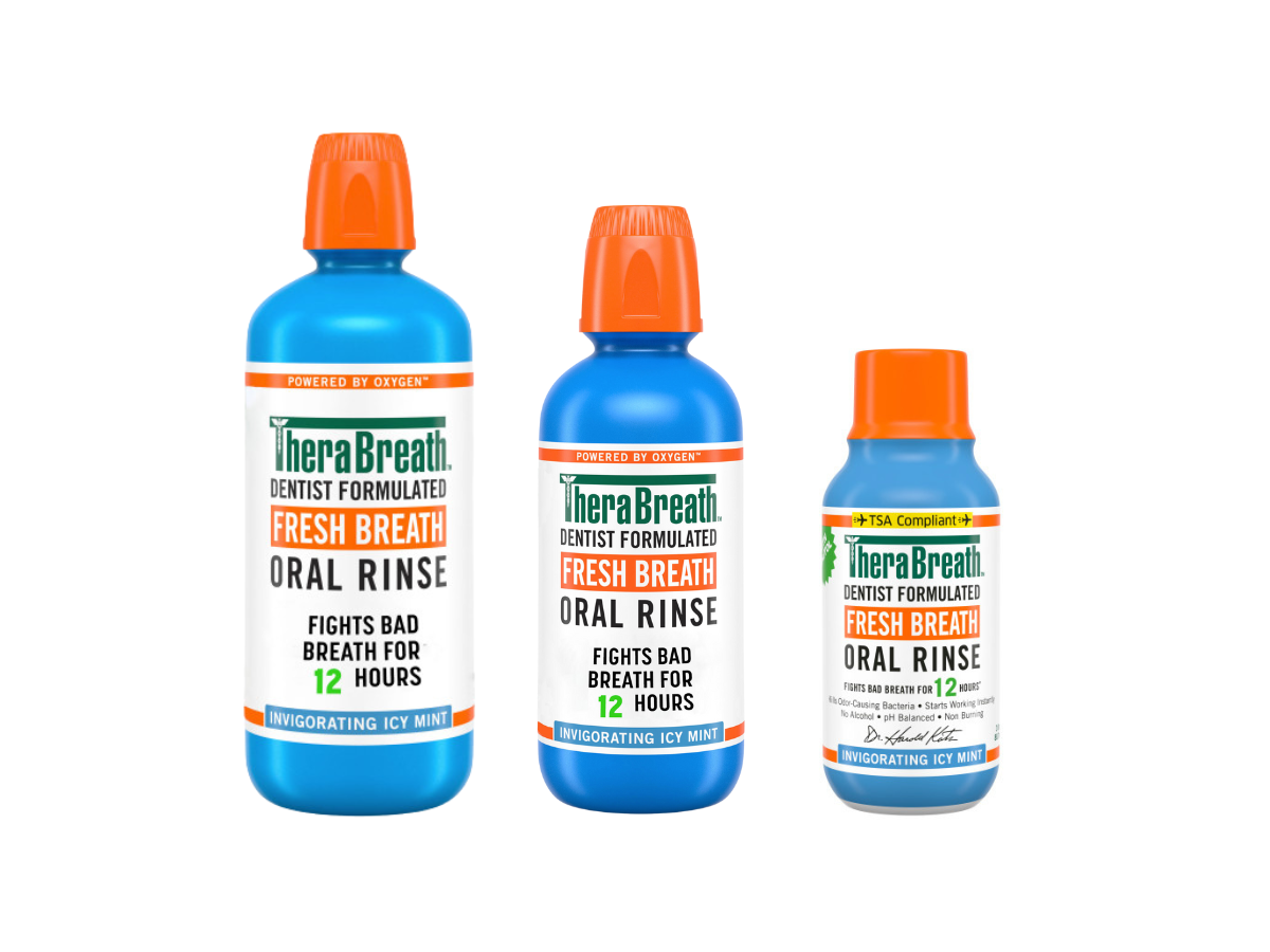 TheraBreath Fresh Breath Oral Rinse in invigorating icy Mint flavor available in various size bottles.
