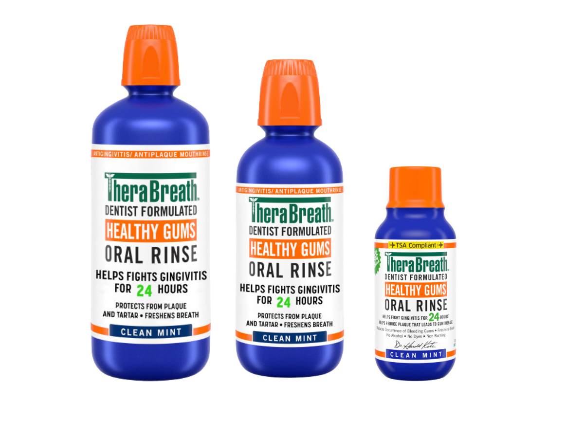TheraBreath healthy gum Oral Rinse in clean Mint flavor available in various size bottles.