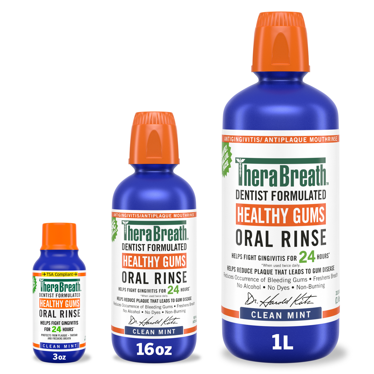 TheraBreath healthy gums oral rinse clean mint flavor available in various size bottles.