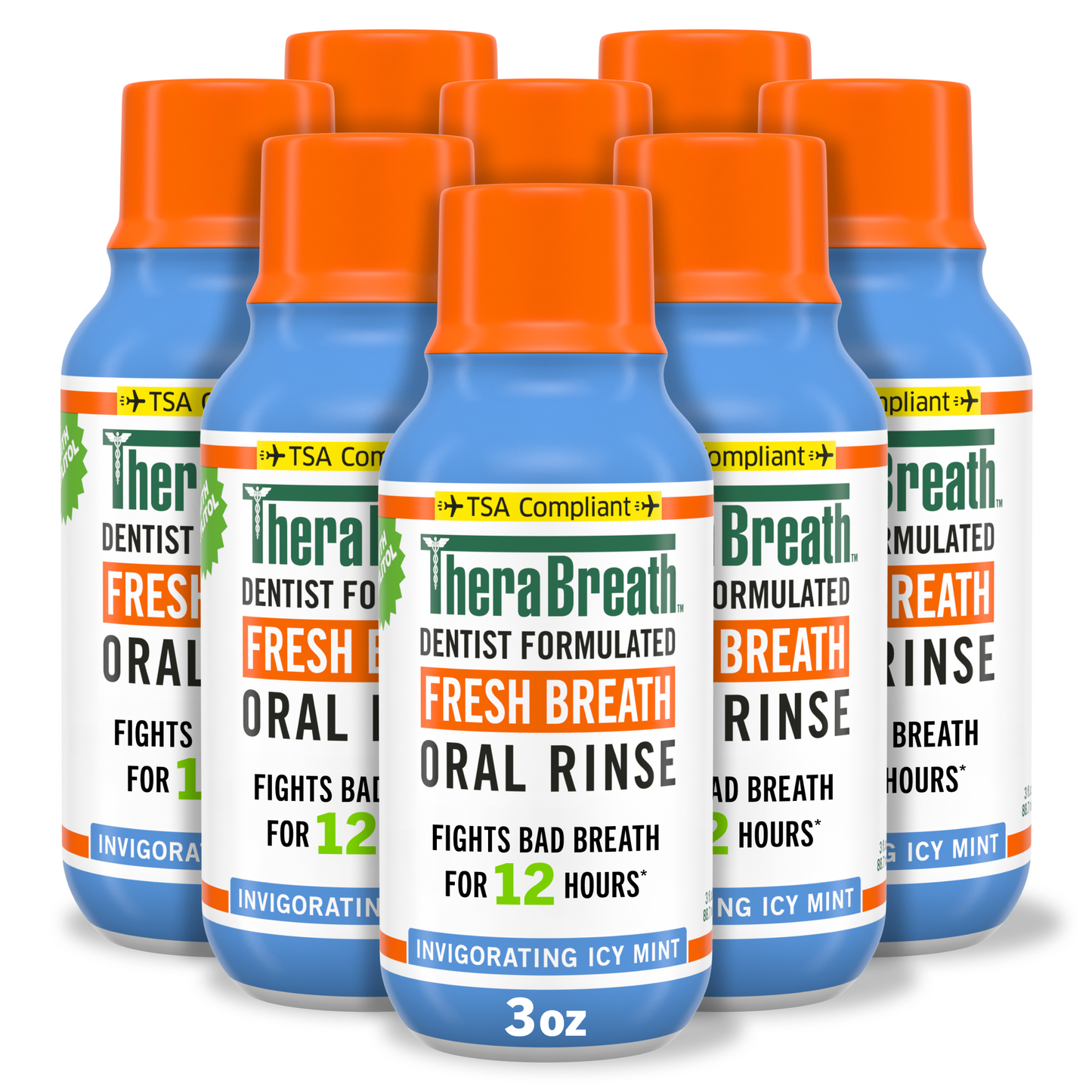 TheraBreath fresh breath long lasting freshness oral rinse in invigorating icy mint flavor travel size.