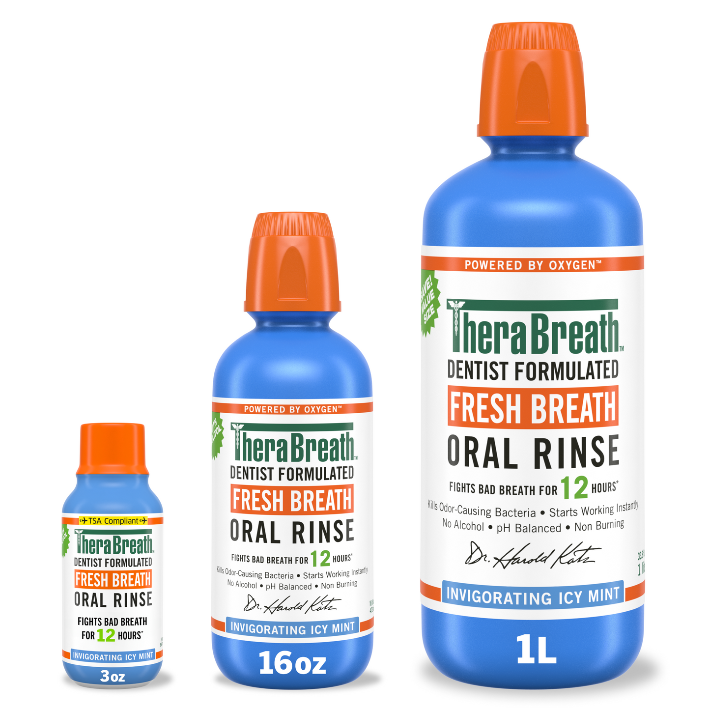 TheraBreath fresh breath oral rinse invigorating icy mint available in various size bottles.