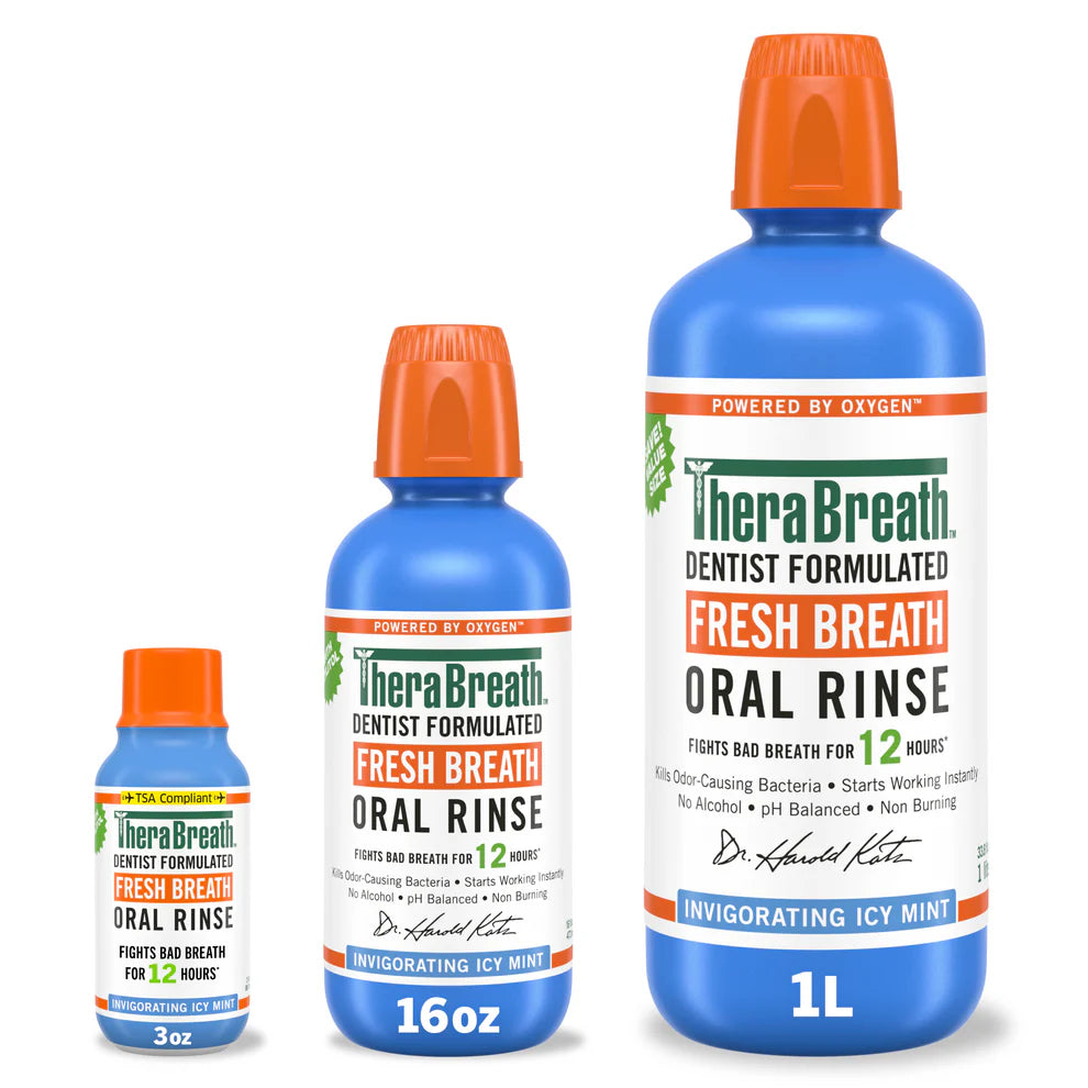 TheraBreath fresh breath oral rinse invigorating icy mint available in various size bottles.