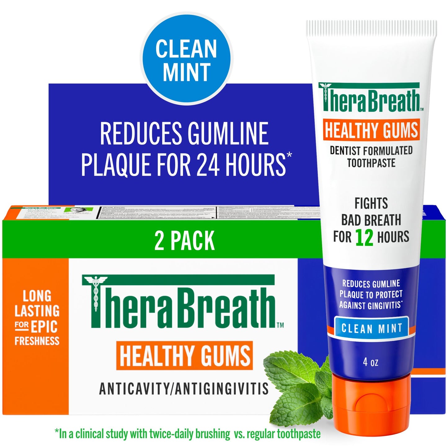 TheraBreath healthy gums toothpaste in clean mint flavor, two pack, reduces gumline plaque for 24 hours