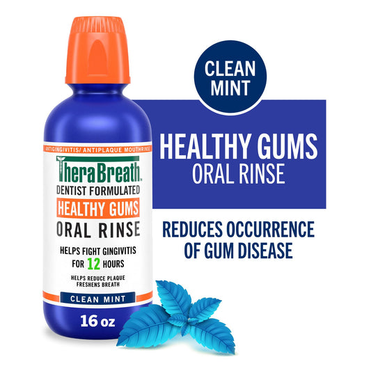 TheraBreath healthy gums oral rinse in clean mint flavor that reduces the occurrence of gum disease