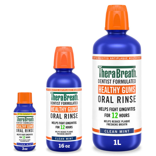 TheraBreath healthy gums oral rinse in clean mint flavor in three different blue bottle sizes.
