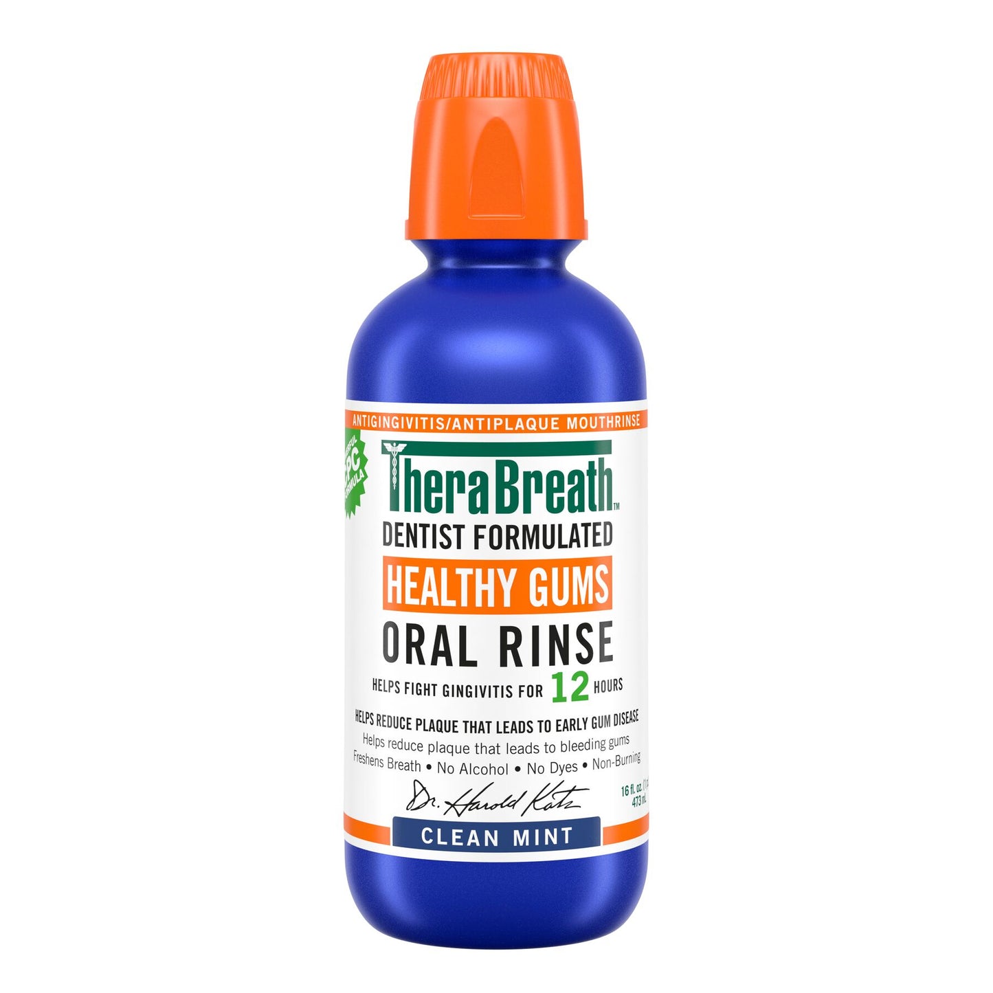 A blue bottle of therabreath healthy gums oral rinse in clean mint flavor on a white background.
