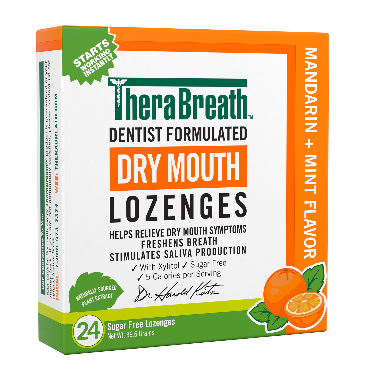 Left-angled view of a box of TheraBreath Dry Mouth Lozenges in Mandarin Mint