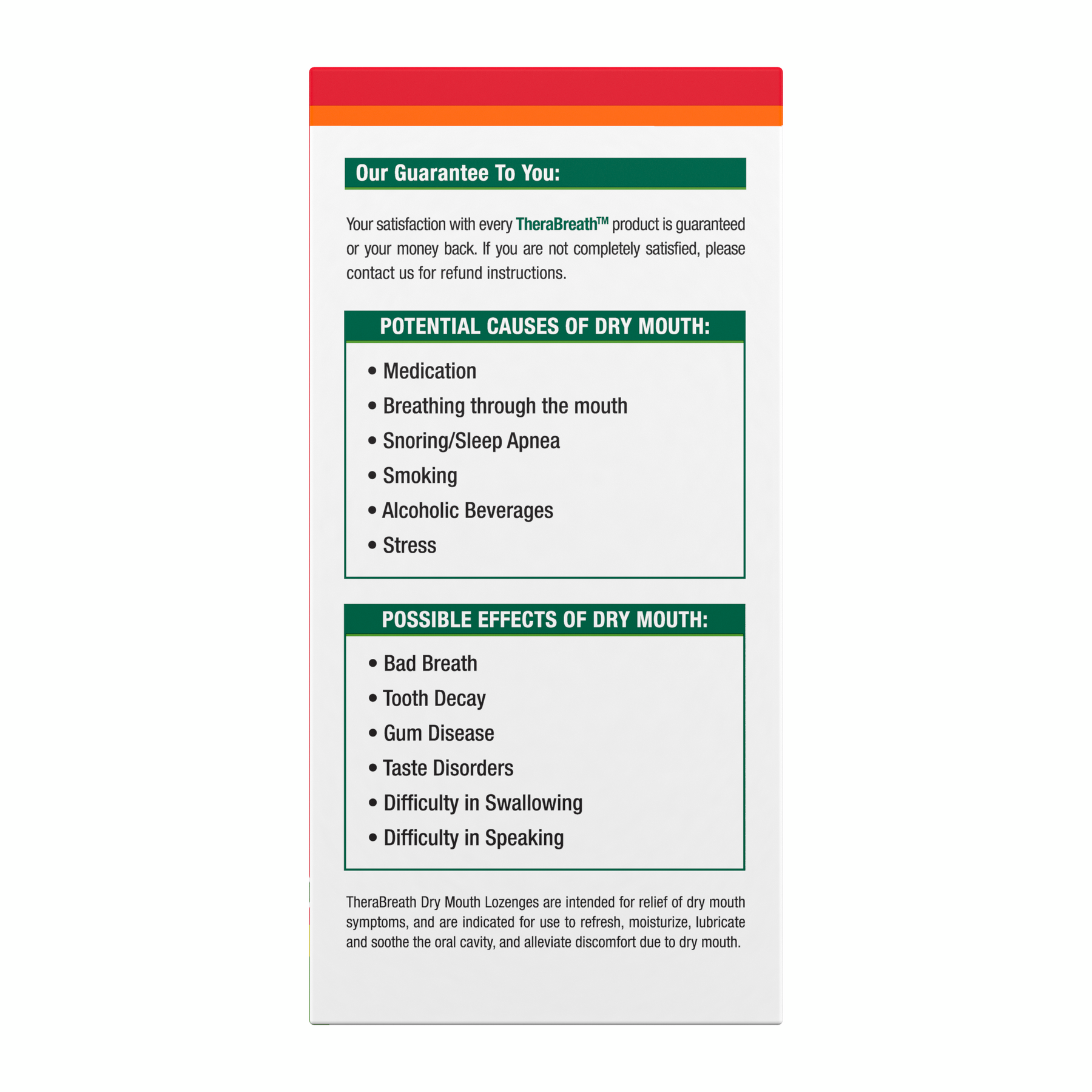 Side view of TheraBreath Dry Mouth Lozenges box with our satisfaction guarantee
