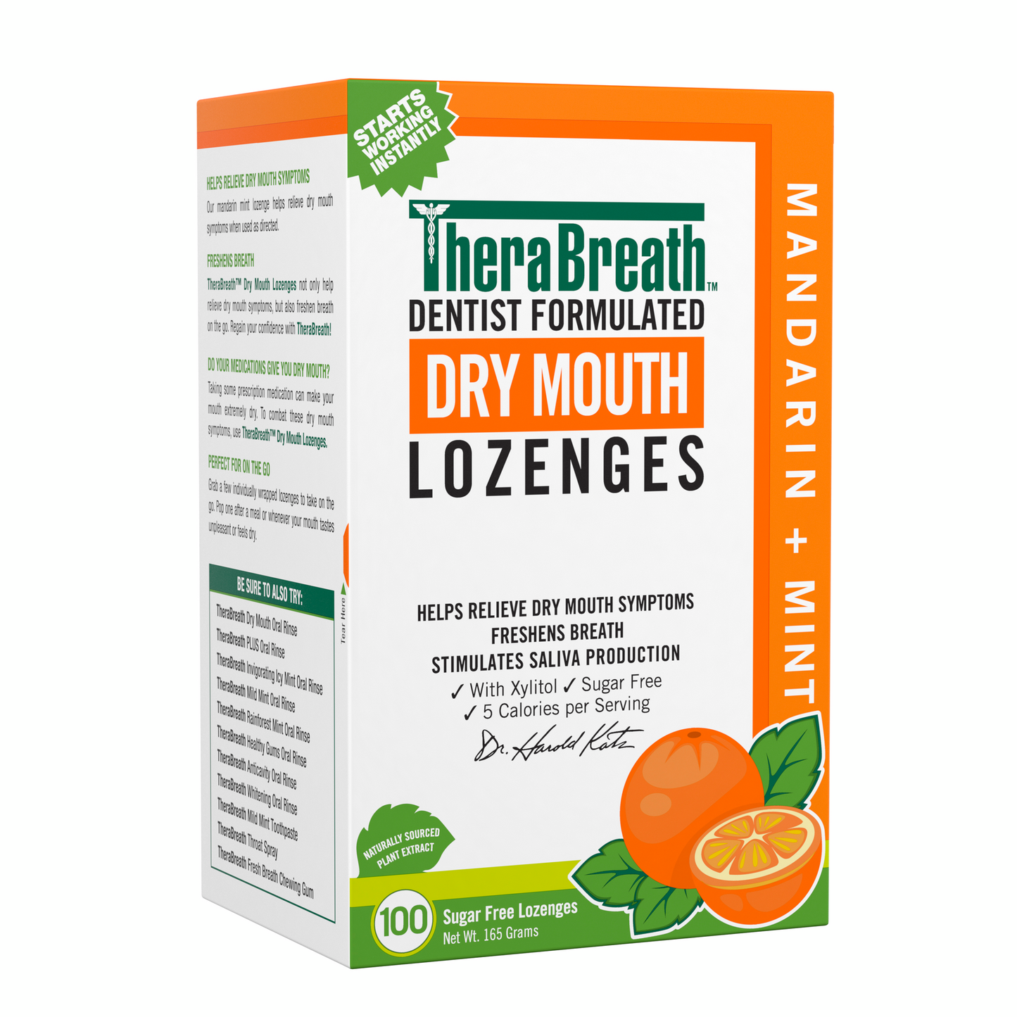 Angled view of a box of TheraBreath Dry Mouth Lozenges in Mandarin Mint