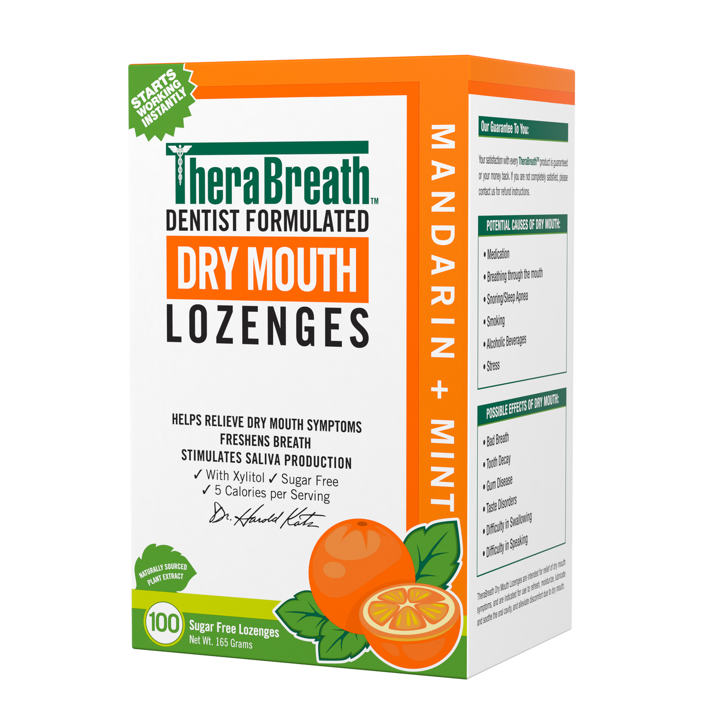 Right-angled view of a box of TheraBreath Dry Mouth Lozenges in Mandarin Mint