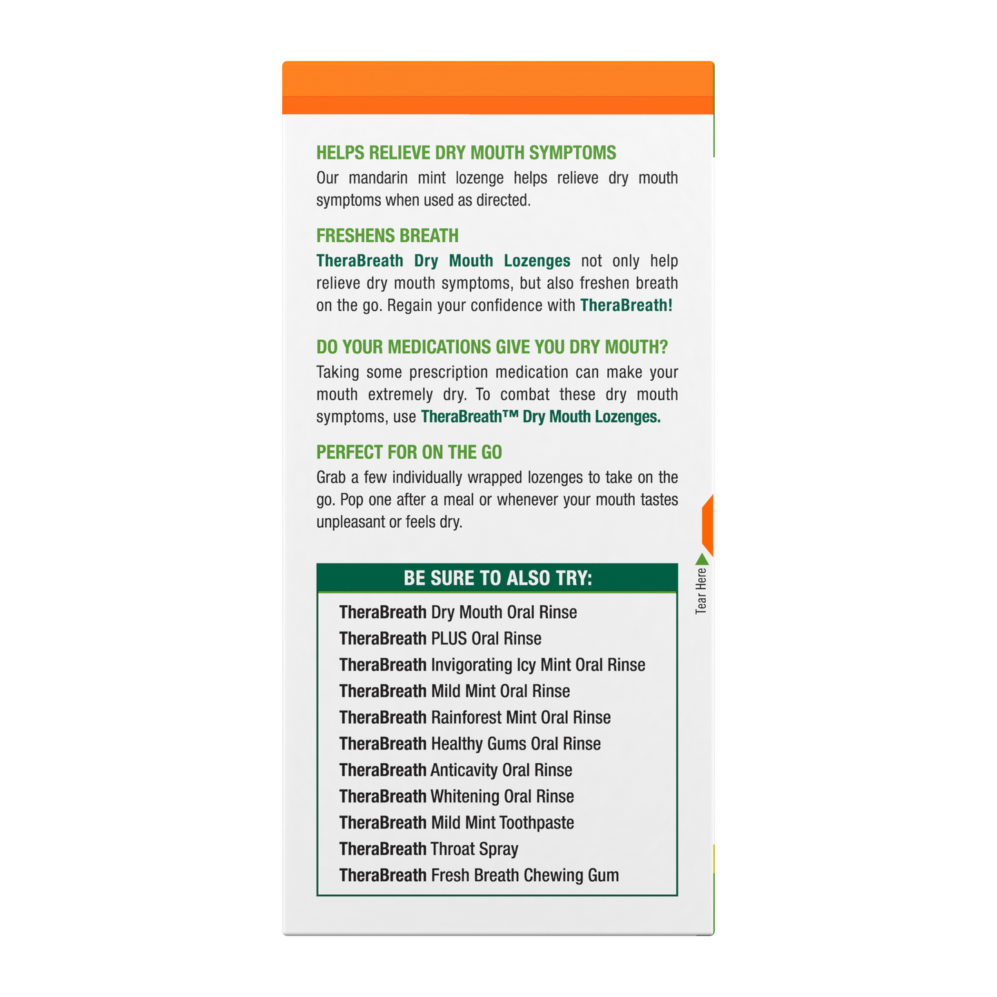Side view of TheraBreath Dry Mouth Lozenges box displaying the benefits