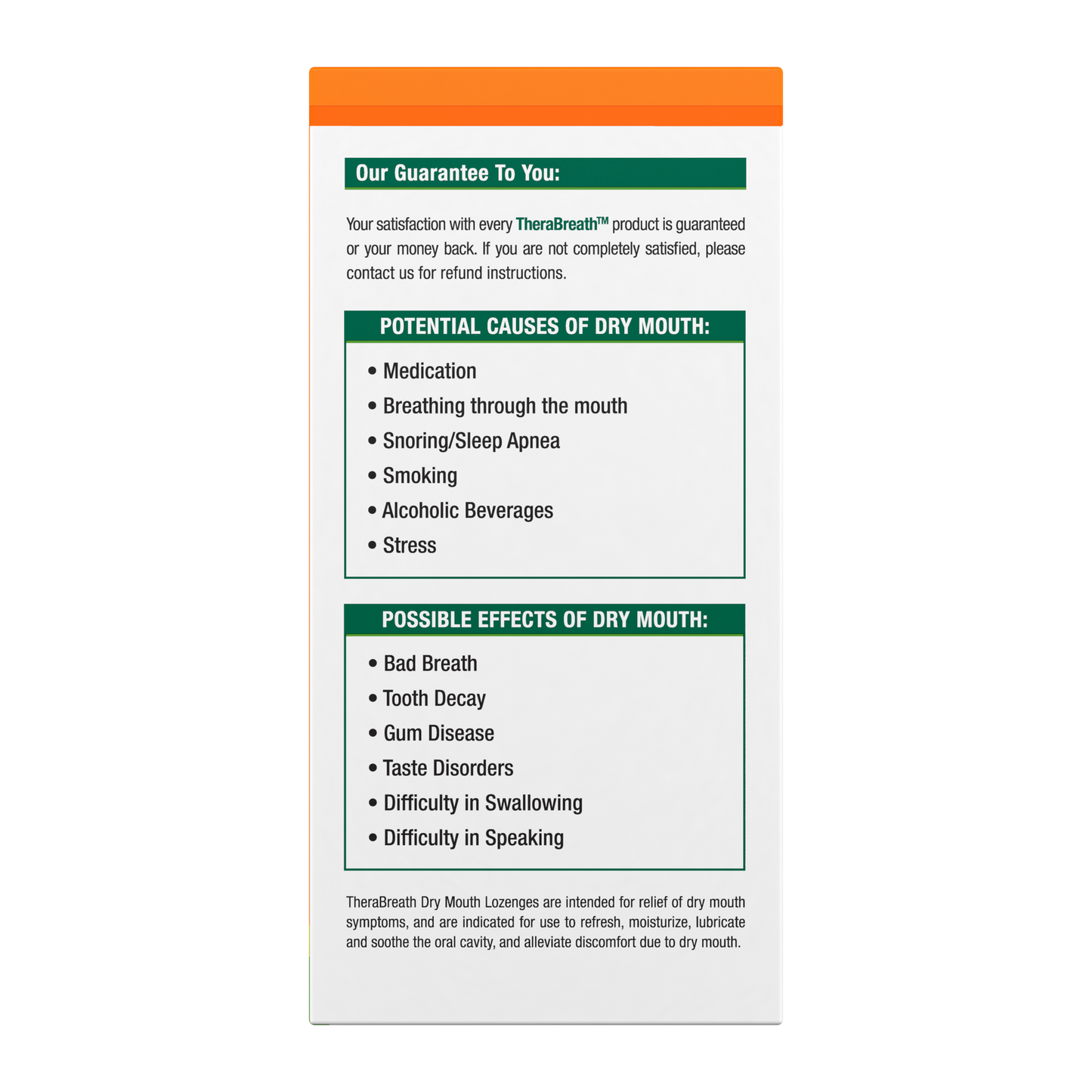 Side view of TheraBreath Dry Mouth Lozenges box with satisfaction guarantee