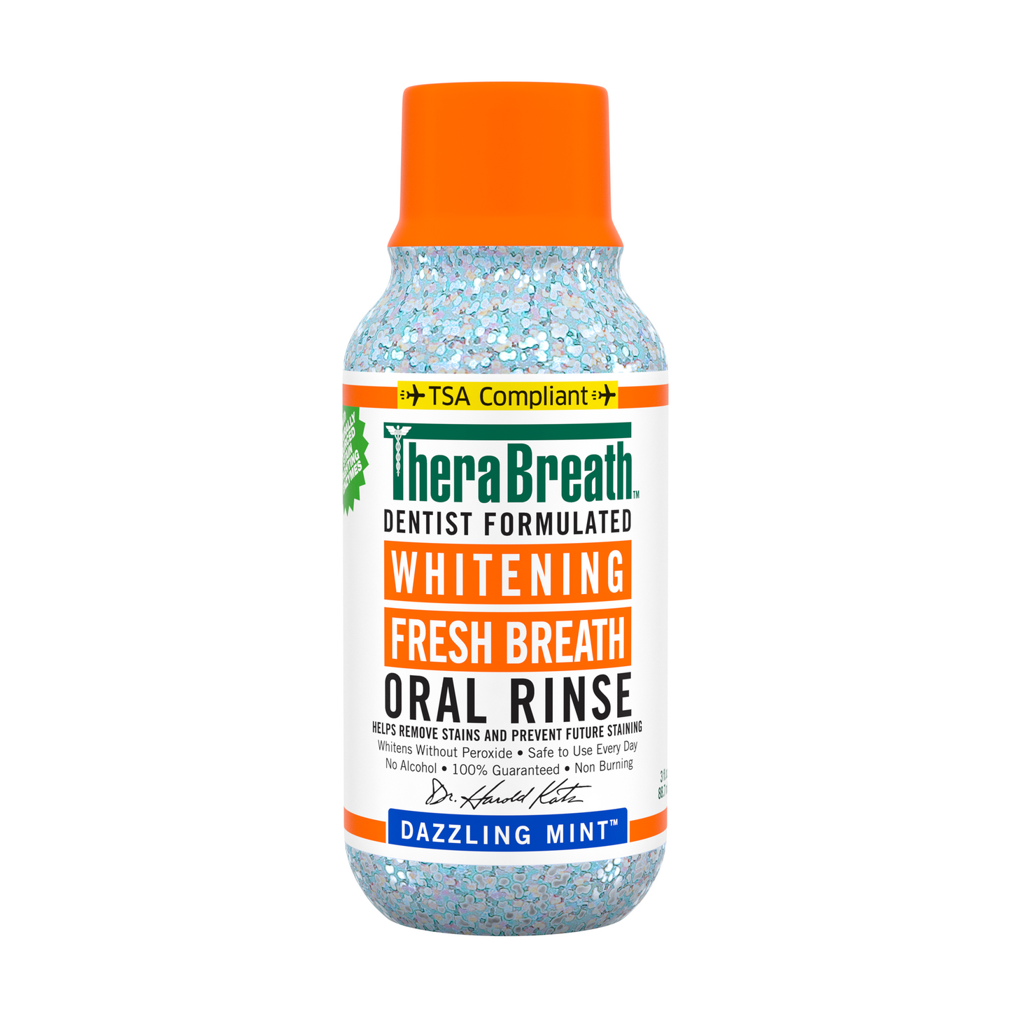 TheraBreath whitening fresh breath oral rinse in dazzling mint flavor in travel size.