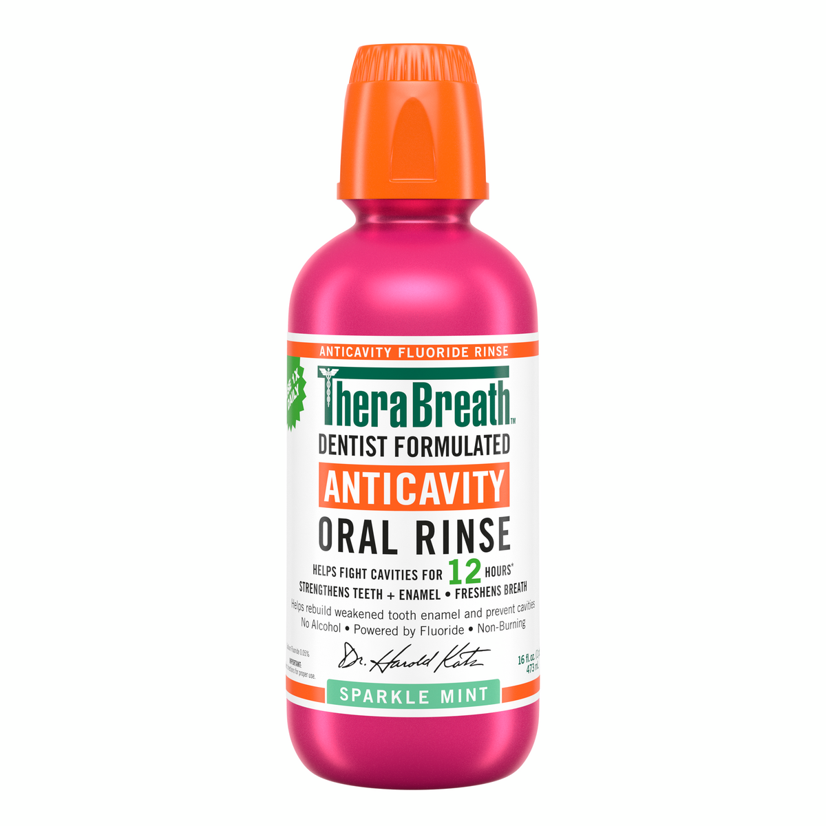 Pink bottle of TheraBreath anticavity oral rinse in sparkle mint flavor on a white background.