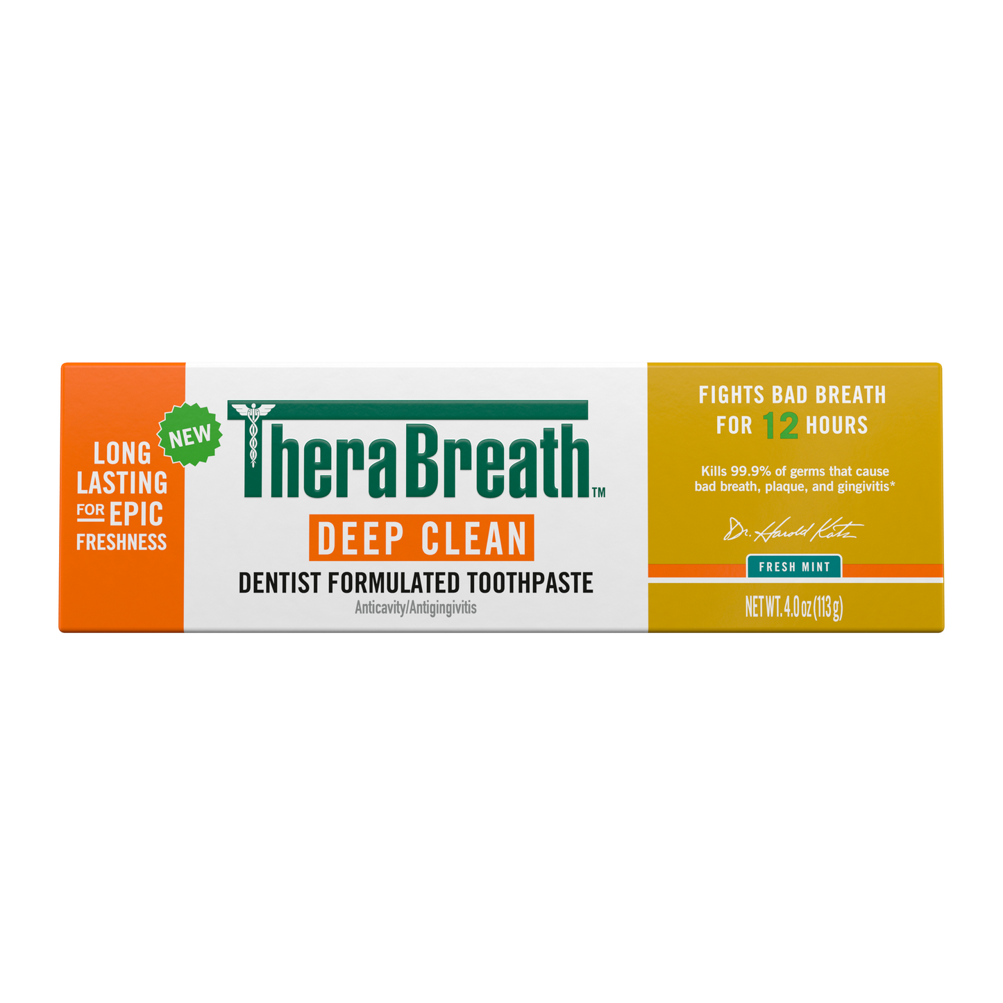 TheraBreath deep clean dentist formulated toothpaste box on a white background.