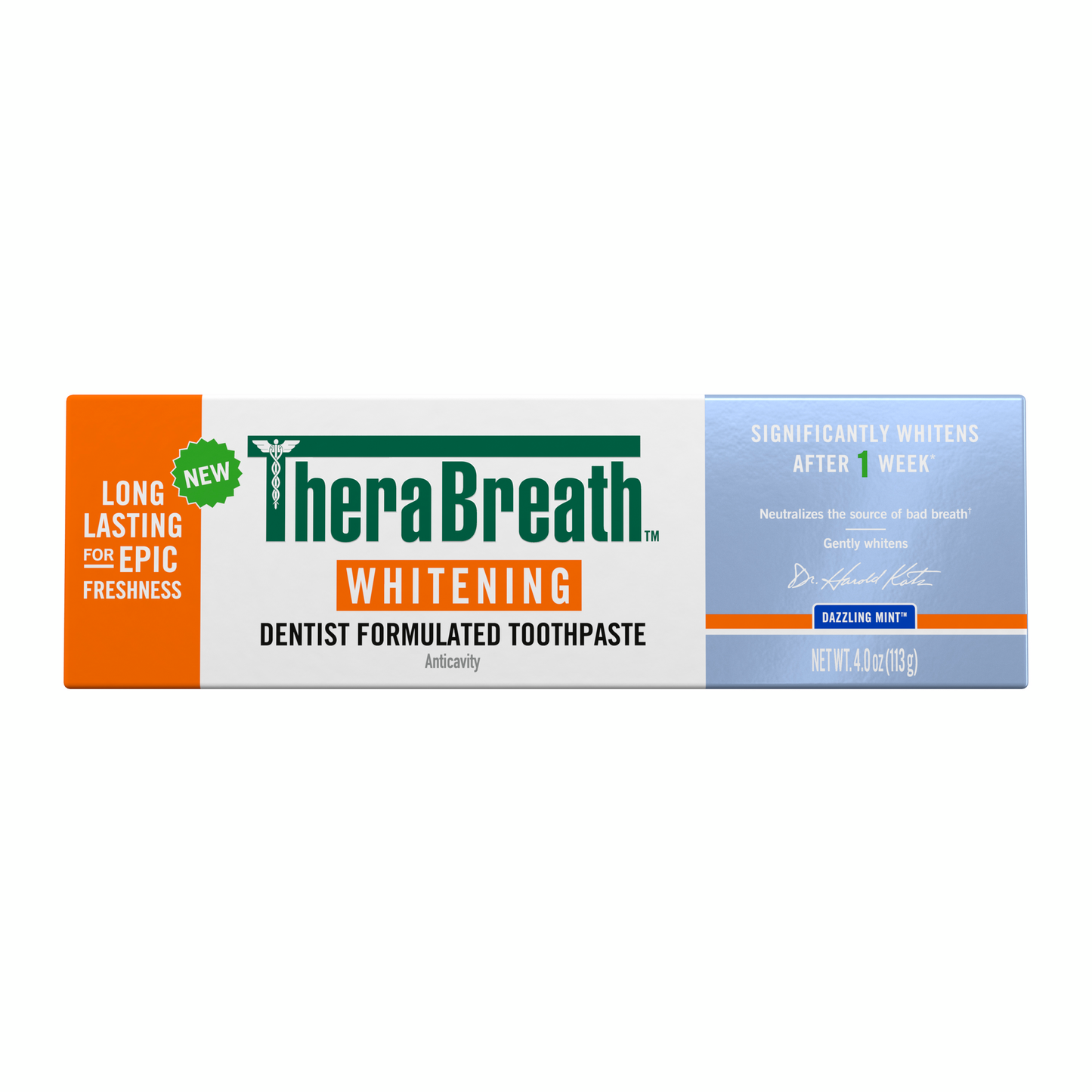 TheraBreath whitening dentist formulated in dazzling mint flavor toothpaste box on a white background