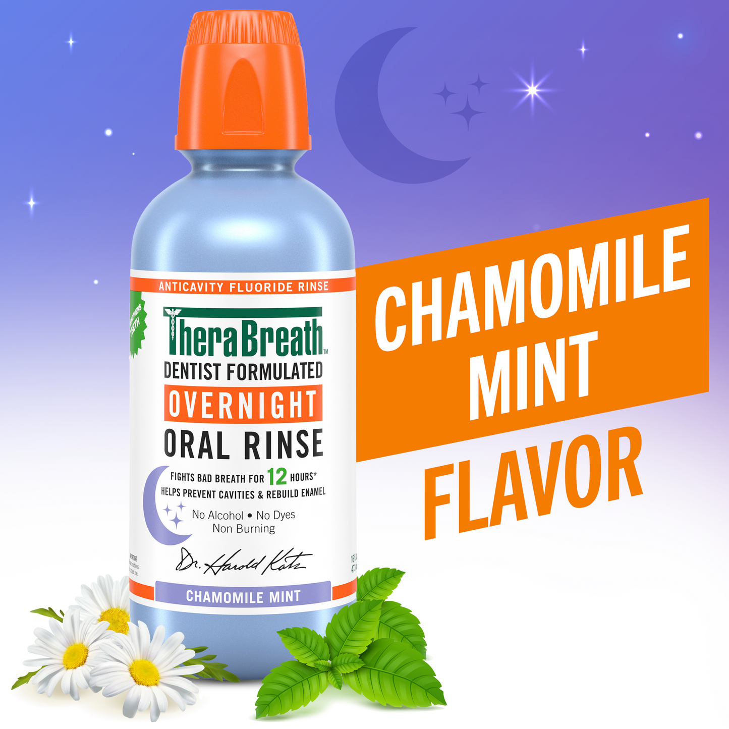 A pale blue bottle of TheraBreath Overnight Oral Rinse Chamomile Mint in front of a night sky illustration