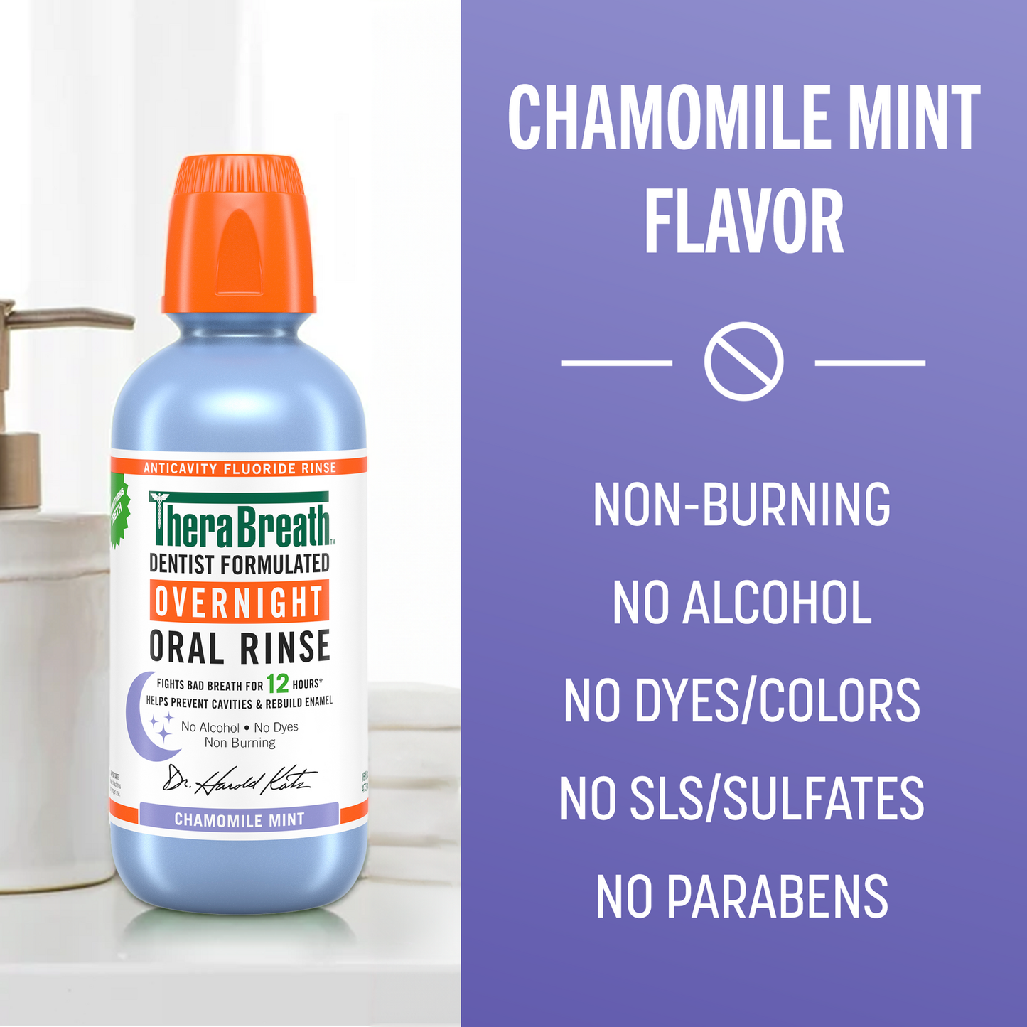 A pale blue bottle of TheraBreath Overnight Oral Rinse in Chamomile Mint flavor that is Non-Burning, no Alcohol, no Dyes/Colors, no SLS/Sulfates and no Parabens
