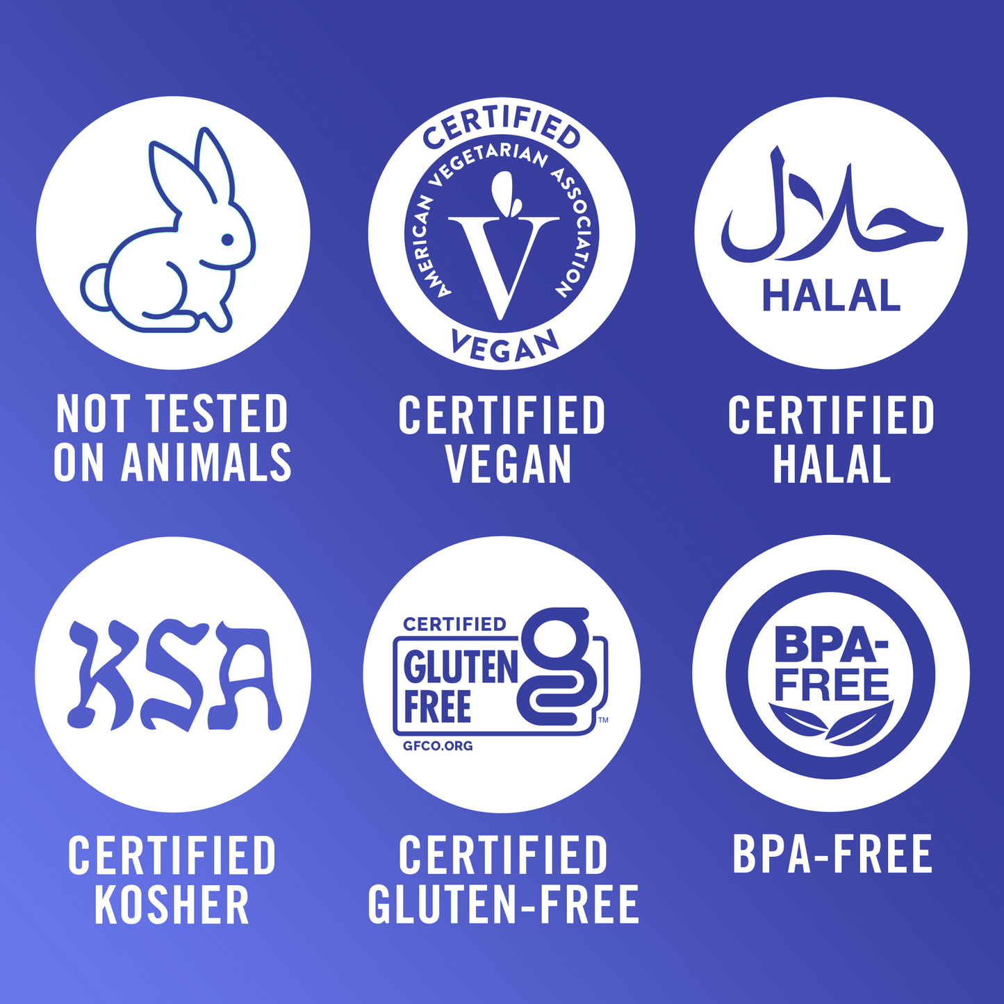 TheraBreath facts with certification logos: Not Tested on Animals; Certified Vegan, Halal, Kosher, and Gluten-Free (GFCO.com); and BPA-free