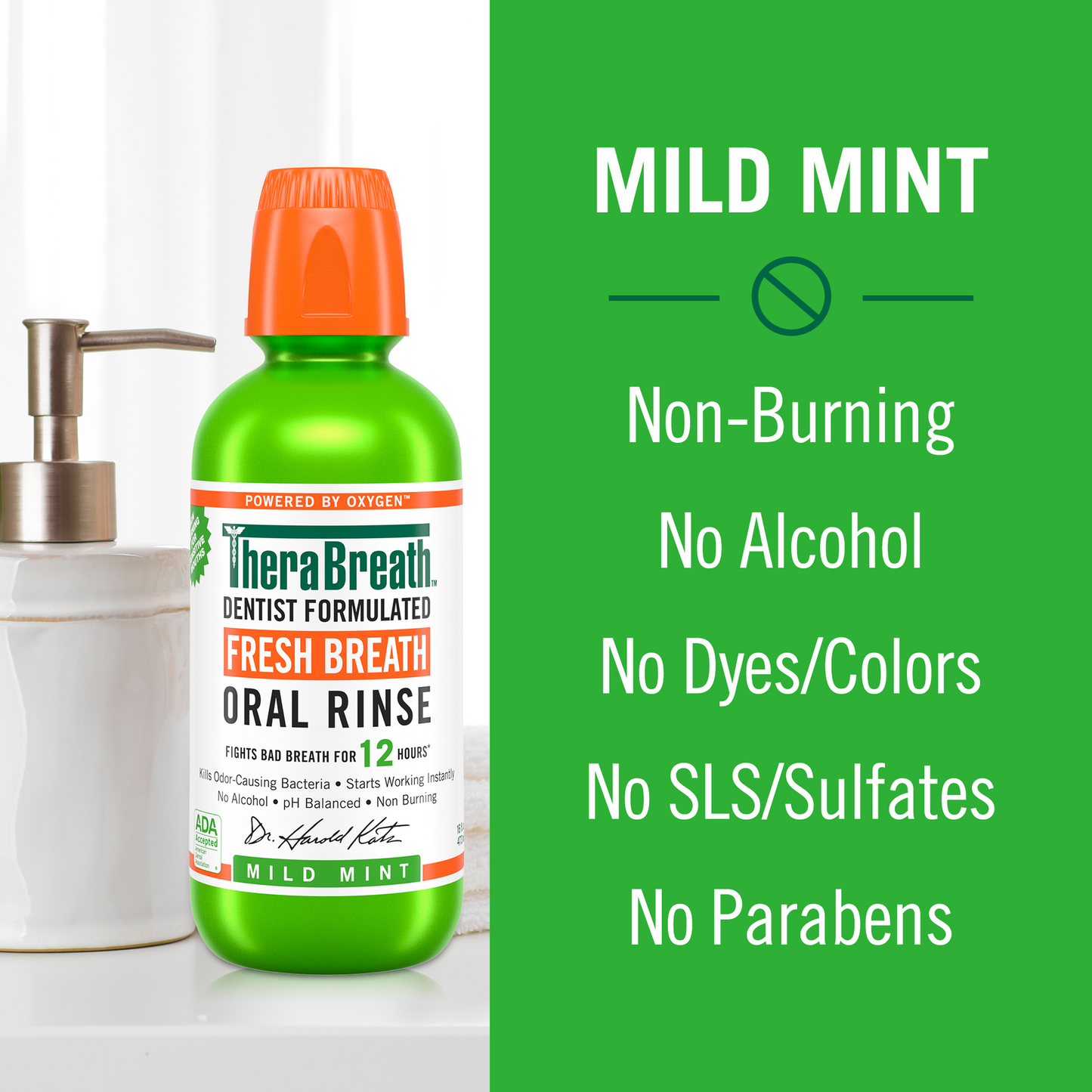 Bright green bottle of TheraBreath Fresh Breath Oral Rinse in Mild Mint flavor that is Non-Burning, no Alcohol, no Dyes/Colors, no SLS/Sulfates and no Parabens